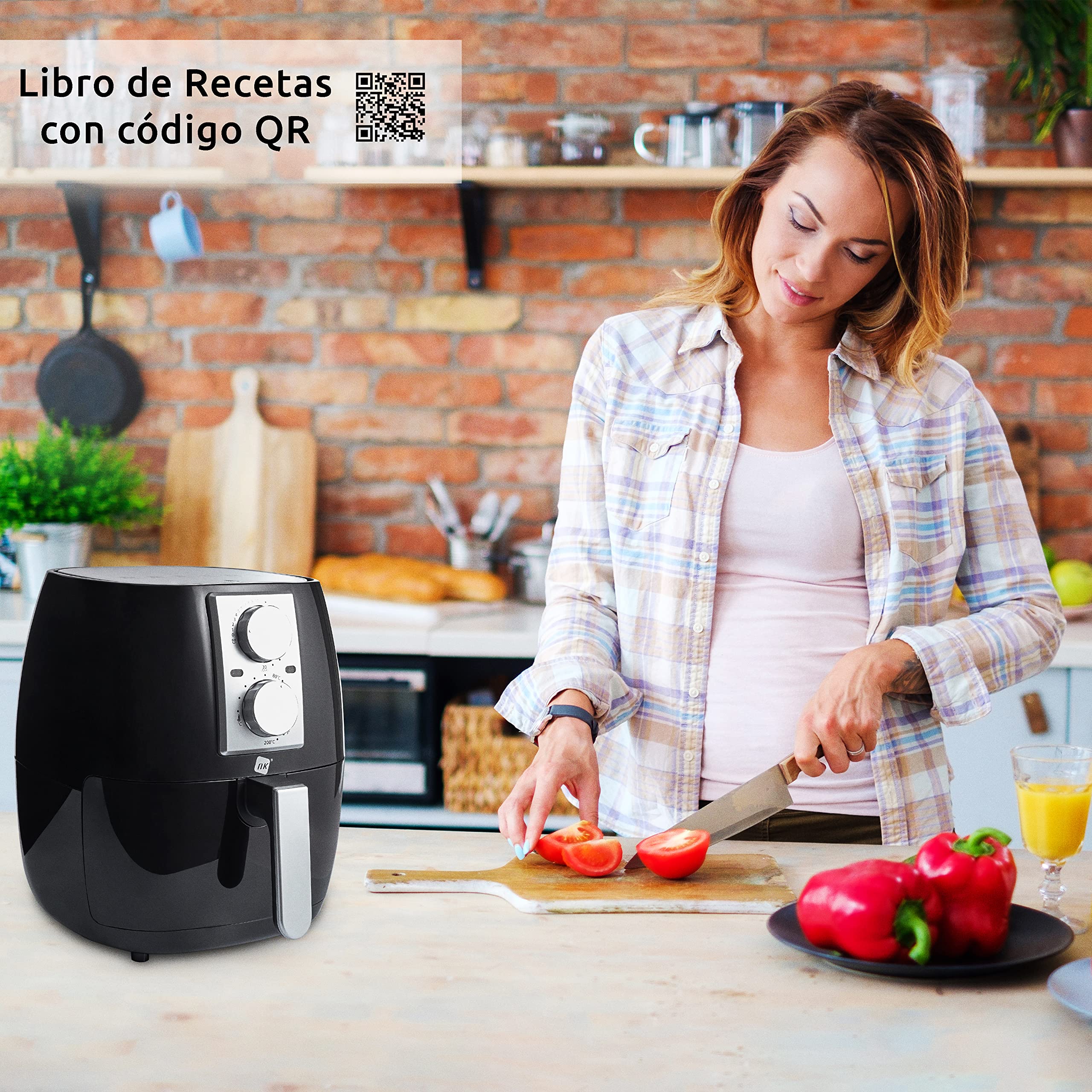 NK Freidora Mecánica sin Aceite 4,5L - Airfryer Caliente XL, Fácil de Usar, 6 Programas, 1500W, Temperatura Regulable hasta 200ºC (Libro de Recetas Digital ESP/EN) - Compatible con Lavavajillas