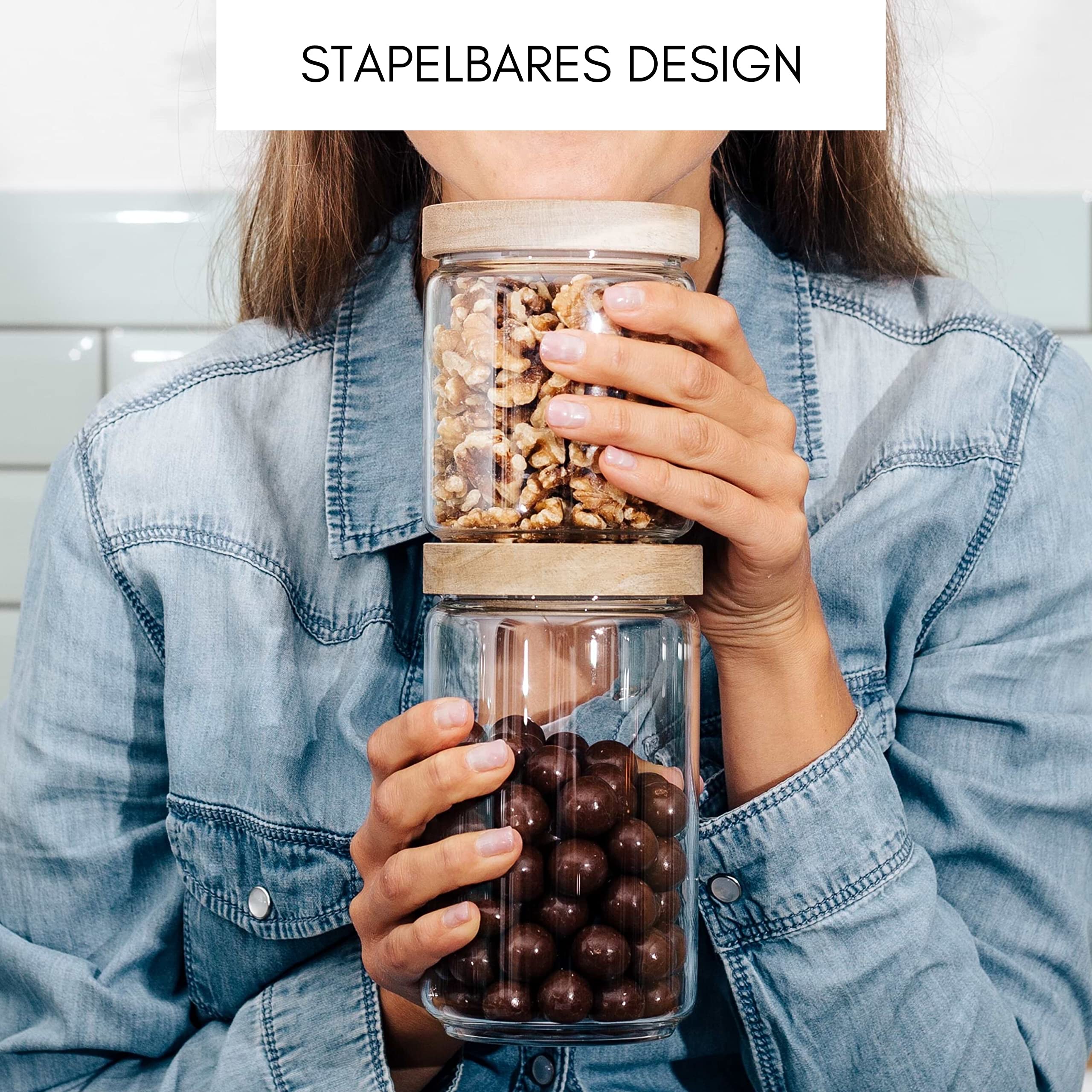 Econovo Set di 3 contenitori in vetro con coperchio, 700 ml, impilabili | Barattoli impilabili in vetro borosilicato, coperchio ermetico in legno, adatti per zucchero, tè, granola e riso