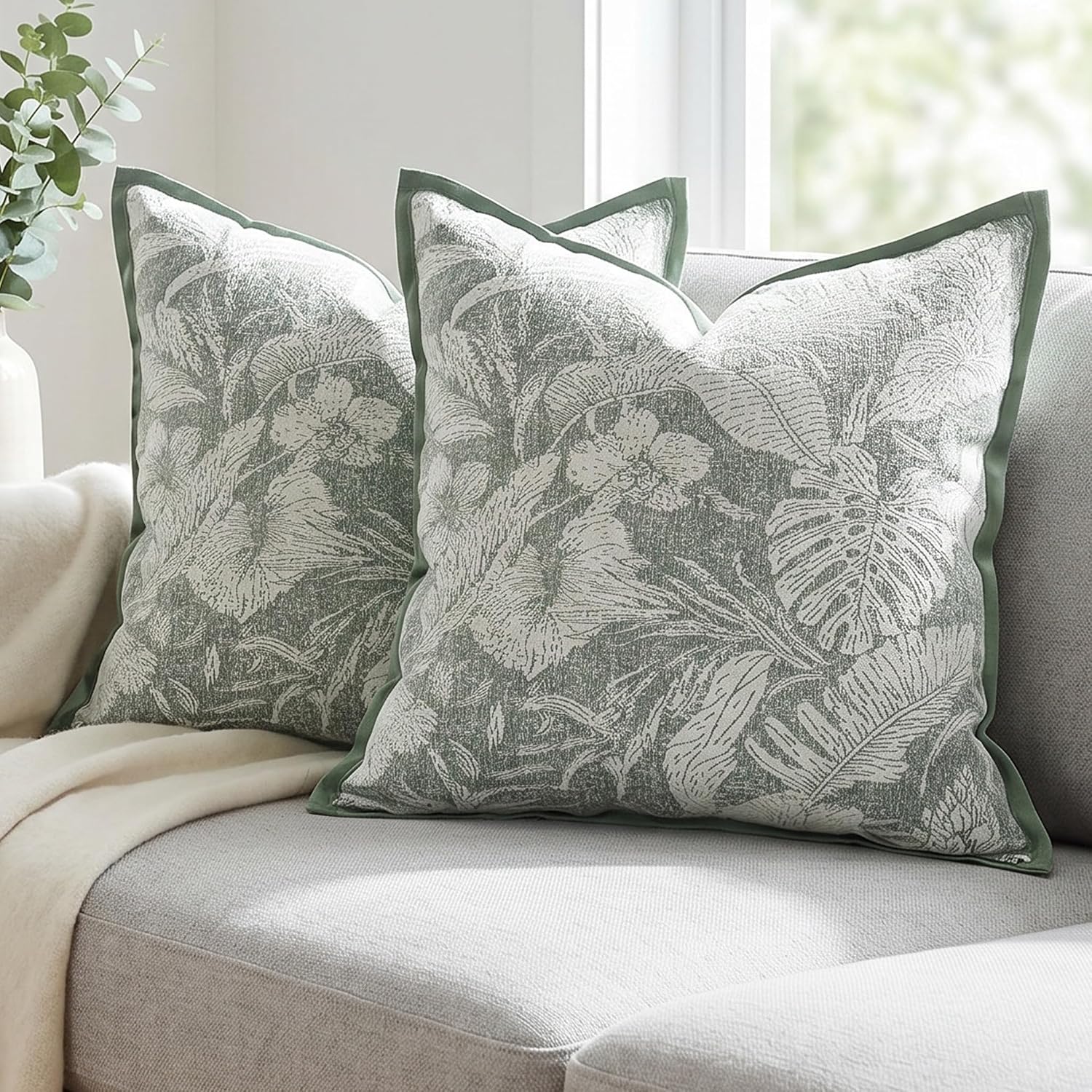 18x18 Inches 2 Pack Forest Leaf Pillow Covers Nature Chenille Throw Pillow Covers with Single-Sided Botanical Print Soft Farmhouse Decorative Cushion Covers for Couch Sofa Living Room Bedroom