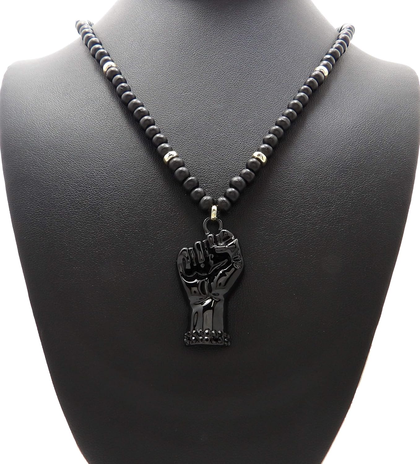 CBC Crown Polished Rising Power Fist Pendant 6 mm 26, 30 inches Wooden Bead Necklace