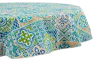 DII Spanish Tile Print Collection Vinyl Multi-Use Tablecloth, 70" Round