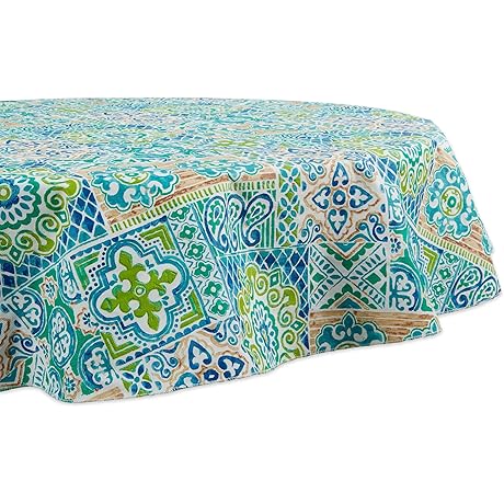 DII Spanish Tile Print Collection Vinyl Multi-Use Tablecloth, 70" Round