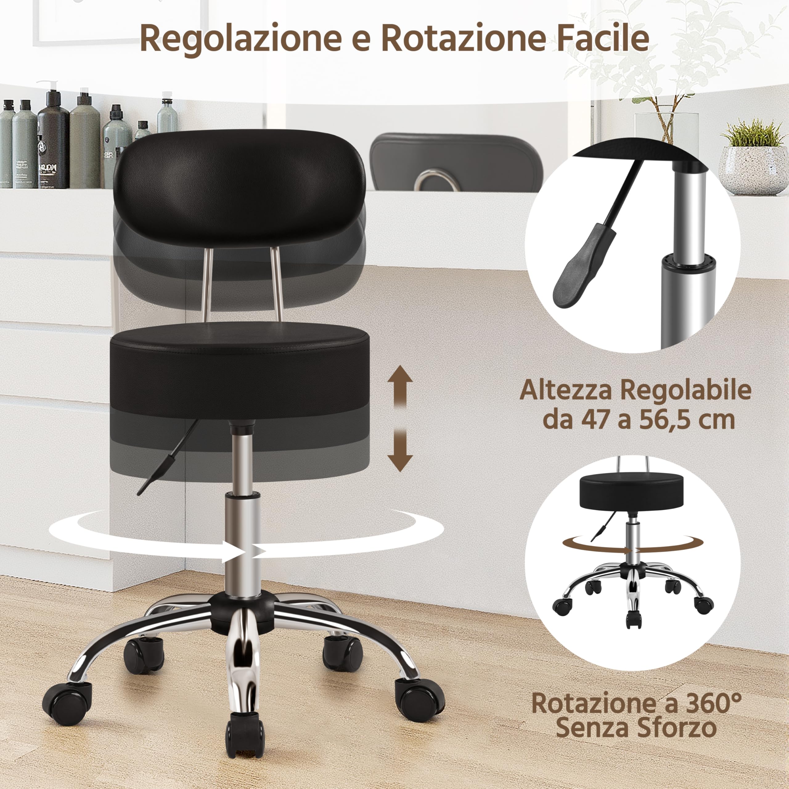 Yaheetech Sgabello Girevole con Schienale Rotelle e Base Larga Sgabellino in Similcuoio Altezza Regolabile per Estetista Spa e Salone (Nero)
