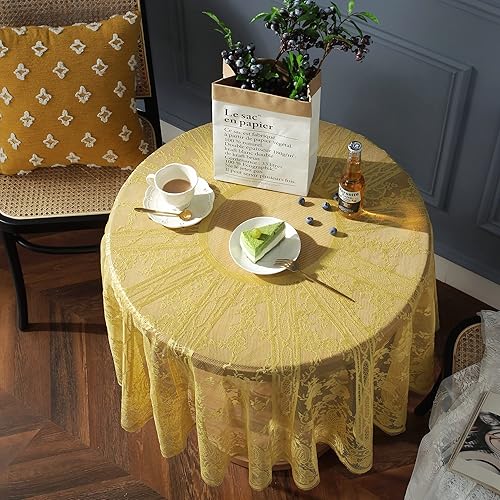 Miniatura 3 de Mantel de encaje amarillo con bordado de elegantes patrones florales, mantel redondo superpuesto para boda, fiesta, cena larga, decoración del hogar
