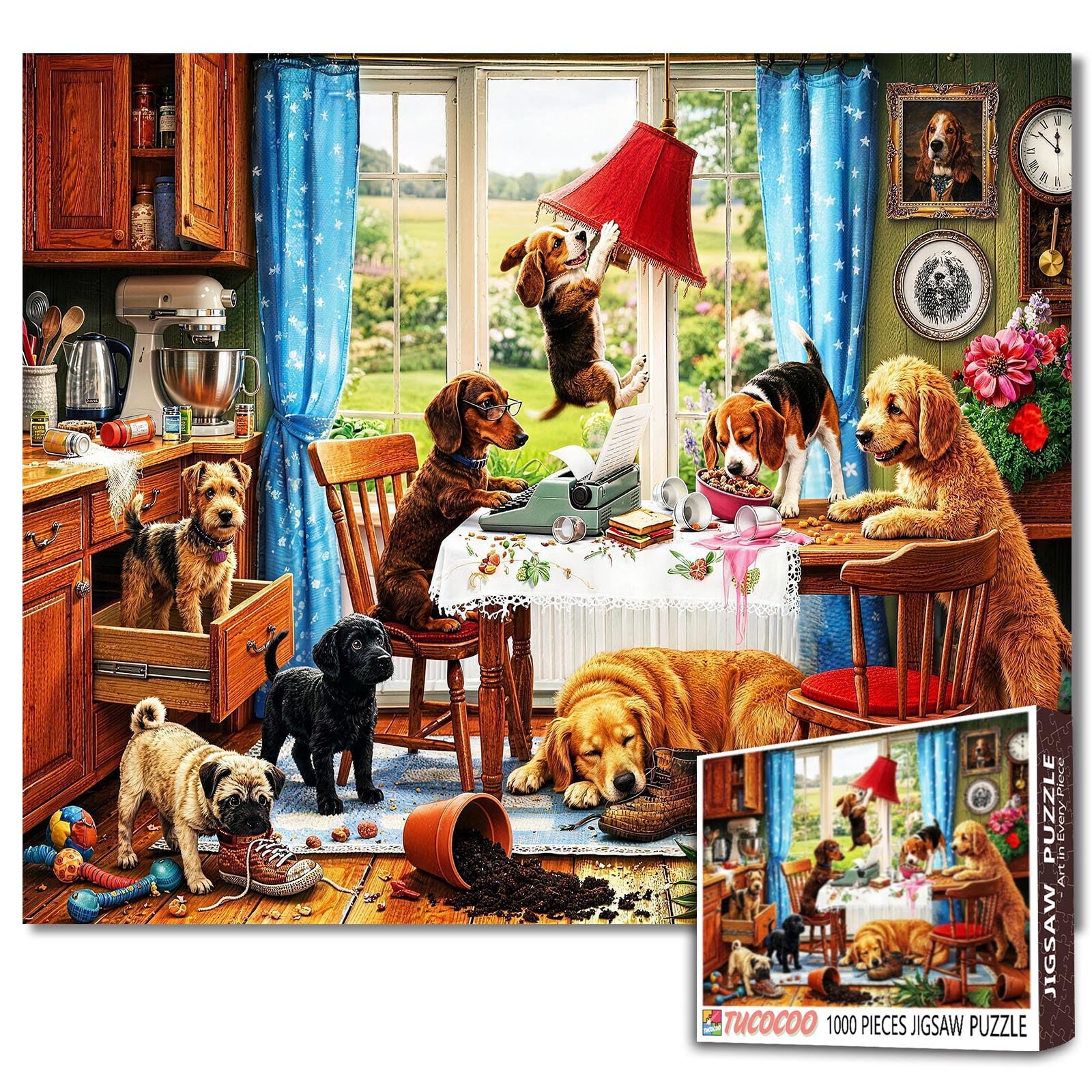 Dog Mischief Jigsaw Puzzles 1000 Pieces Mischievous Puppies Art Jigsaw Puzzles for Challenging Family Games Cozy kitchen DIY Handwork Puzzle for Home Wall Decor Gifts 19.7"x27.6"