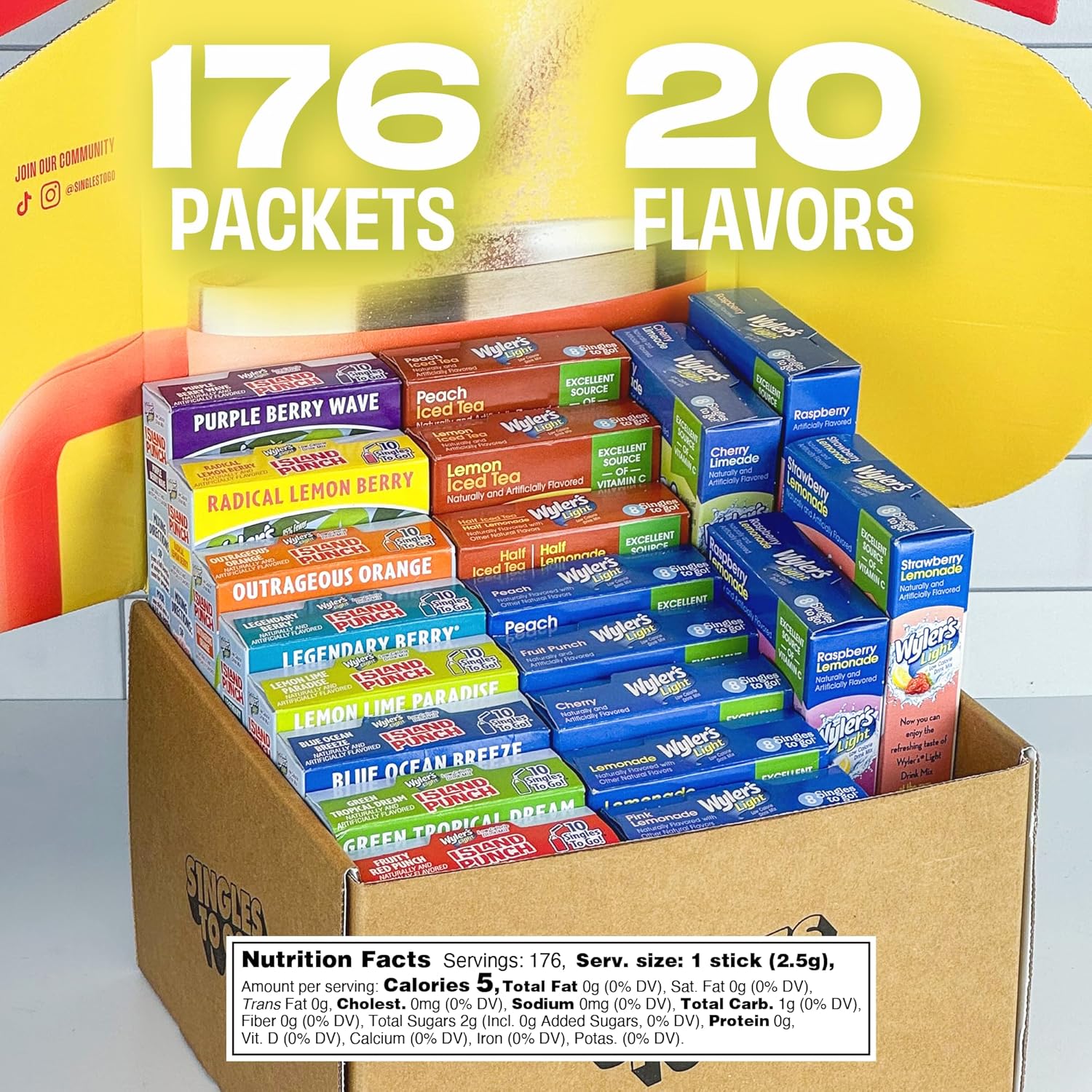 Wyler's Light 176ct Bulk Variety Pack - 20 Different Flavors from Fruit Punch, Iced Tea, Lemonade, and More - Sugar Free Singles To Go Drink Mix Packets - Sugar Free Water Flavoring Packets