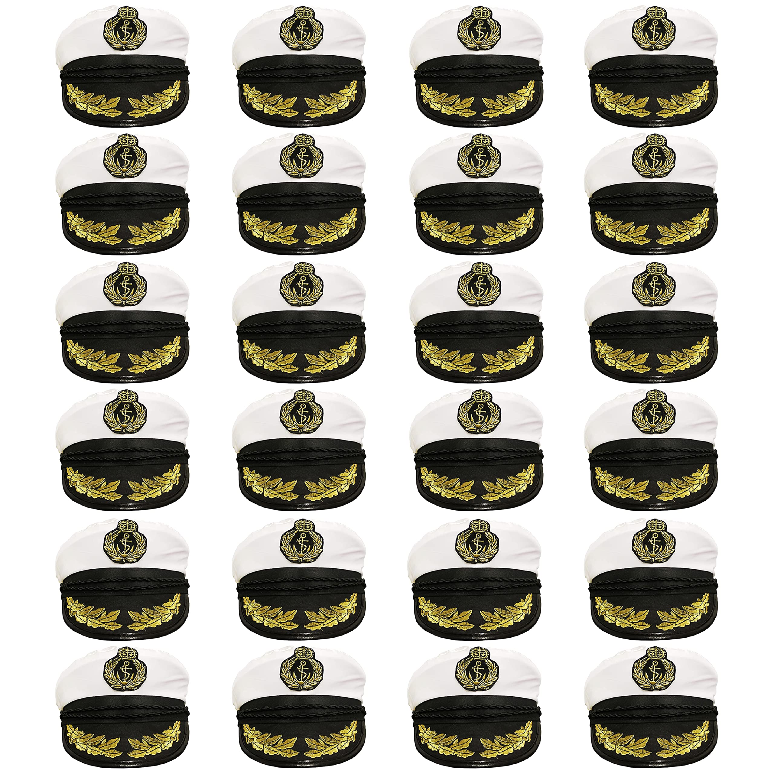 Adults Sailor Hat Fancy Dress Costume Accessory - Satin Captains/Naval Officer Hat with Motif and Gold Brim Detail - Pack Of 24