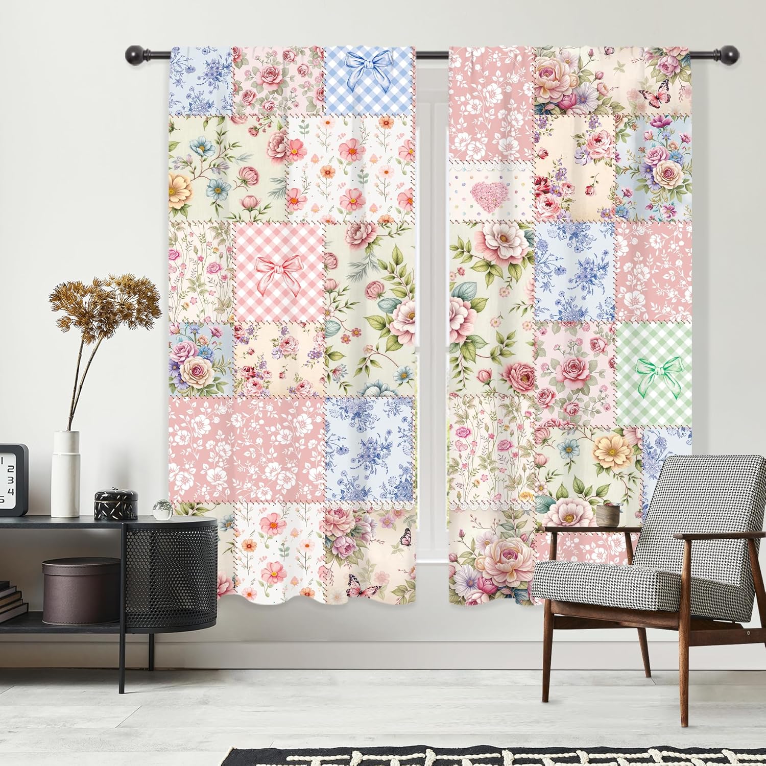 Riyidecor Boho Pink Floral Curtains Shabby Chic Patchwork Vintage Flowers Cute Bohemian Plants Retro Farmhouse Rod Pocket for Women Female Bedroom Living Room Treatment Fabric 2 Panels 42Wx63H Inch