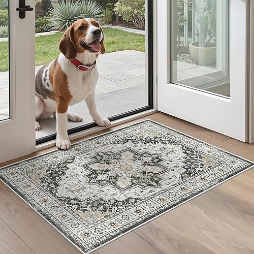 Miniatura 145 de Madane Alfombra lavable de 2 x 3 pies, alfombra de entrada pequeña, antideslizante, vintage, para entrada interior, alfombra de pelo bajo