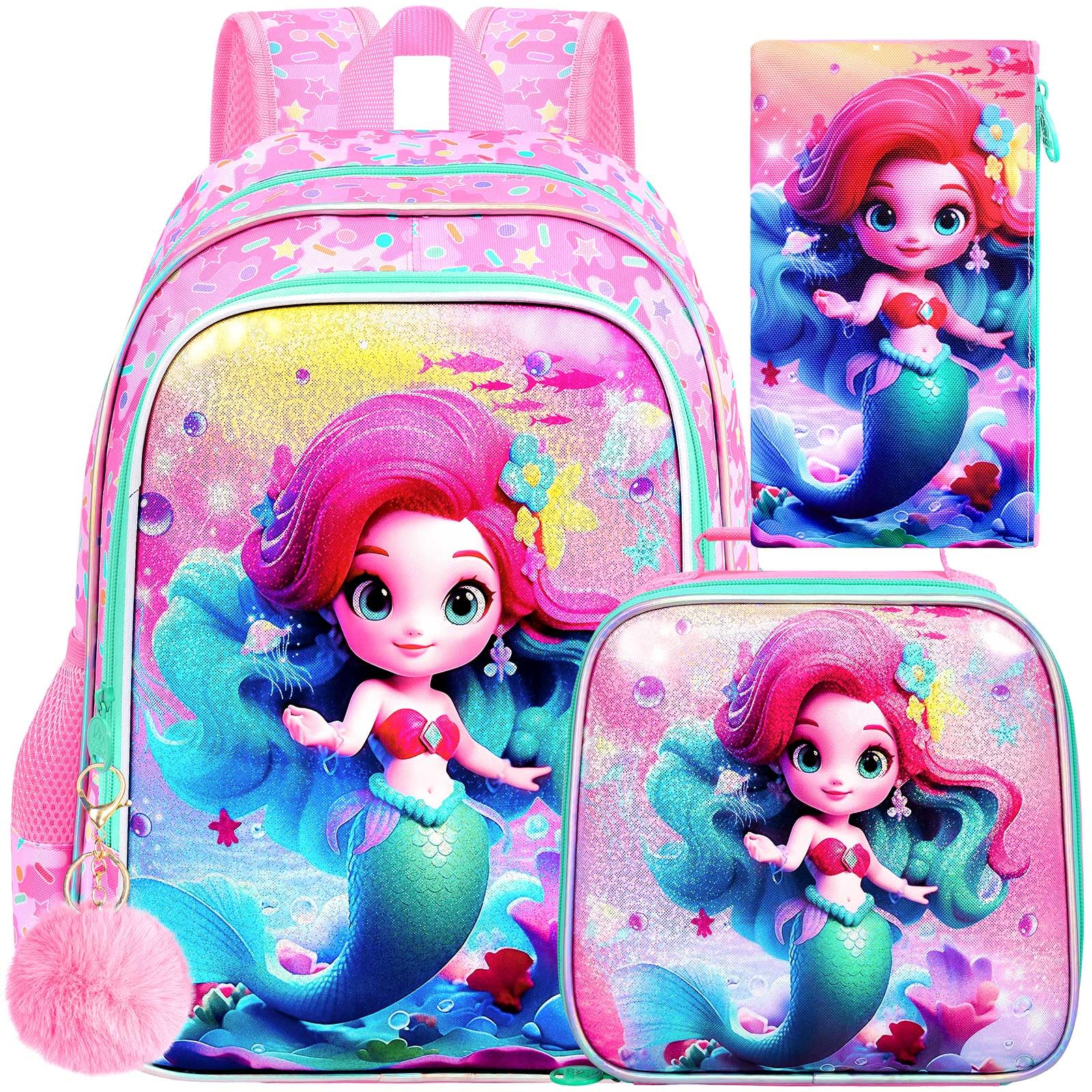 CCJPX 3PCS Mermaid Backpack for Girls, 16”Kids Preschool Bookbag with Lunch Box, Cute Water Resistant Elementary School Bag for Teen Kindergarten Toddler