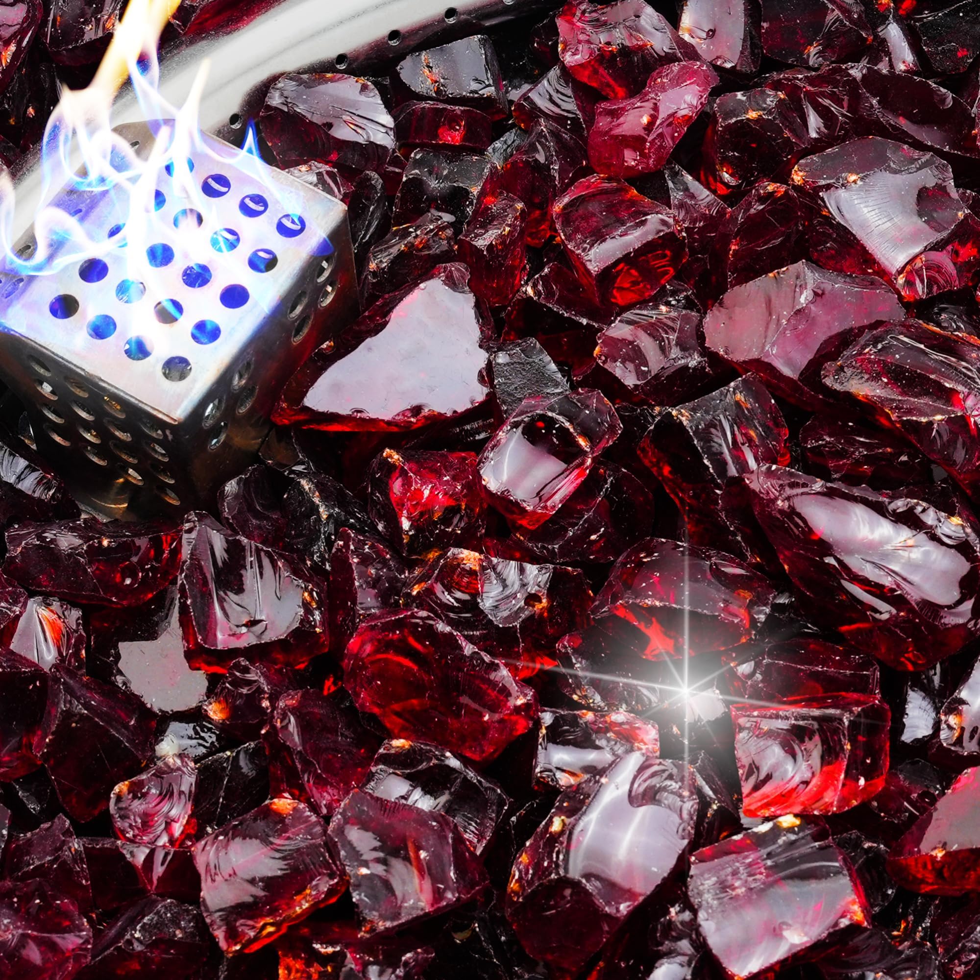 NUPICK 5 Pound Fire Glass, 1/2 Inch Shiny Fire Pit Glass, Tempered Firepit Glass Rock for Propane or Natural Gas, Glass Rocks for Fire Pit Table, Fireplace Glass for Landscaping, Red