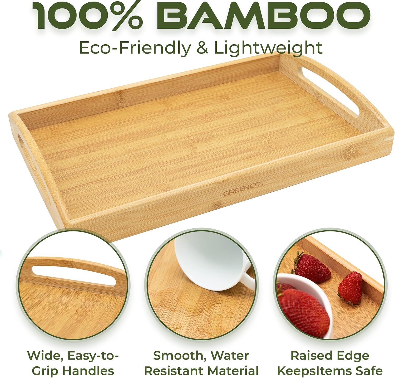 Greenco Rectangle Bamboo Butler Serving Tray with Handles - Bed Trays for Eating - Bed Tray - Breakfast Tray (Pack of 4)