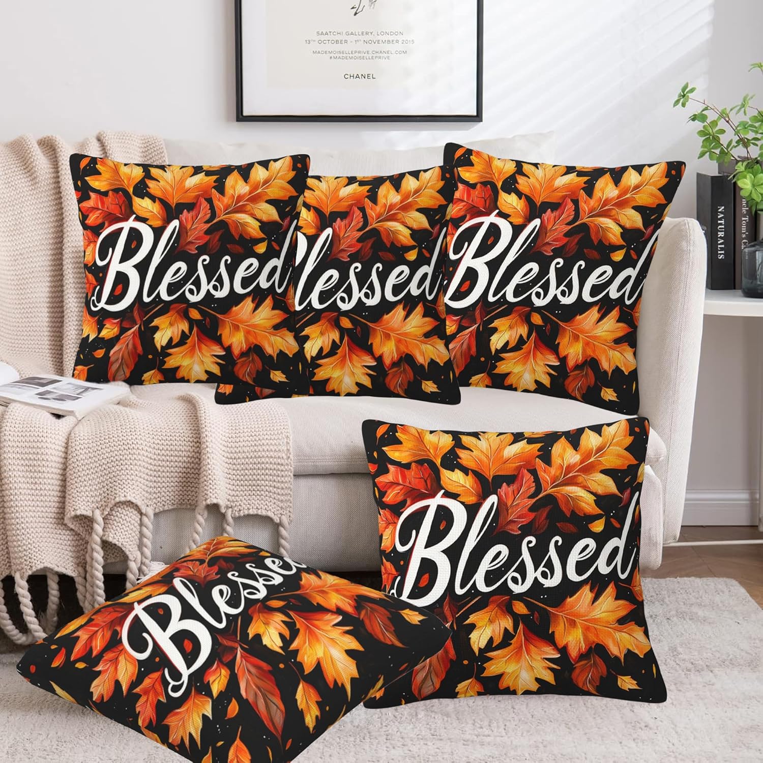 Blessed Throw Pillow Cover Case Autumn Leaves Throw Pillows Set of 2 Super Soft Pillow Covers 18x18 Inches Farmhouse Home Decor for Living Room Bedroom Sofa Couch Cushion Cover - Image 6