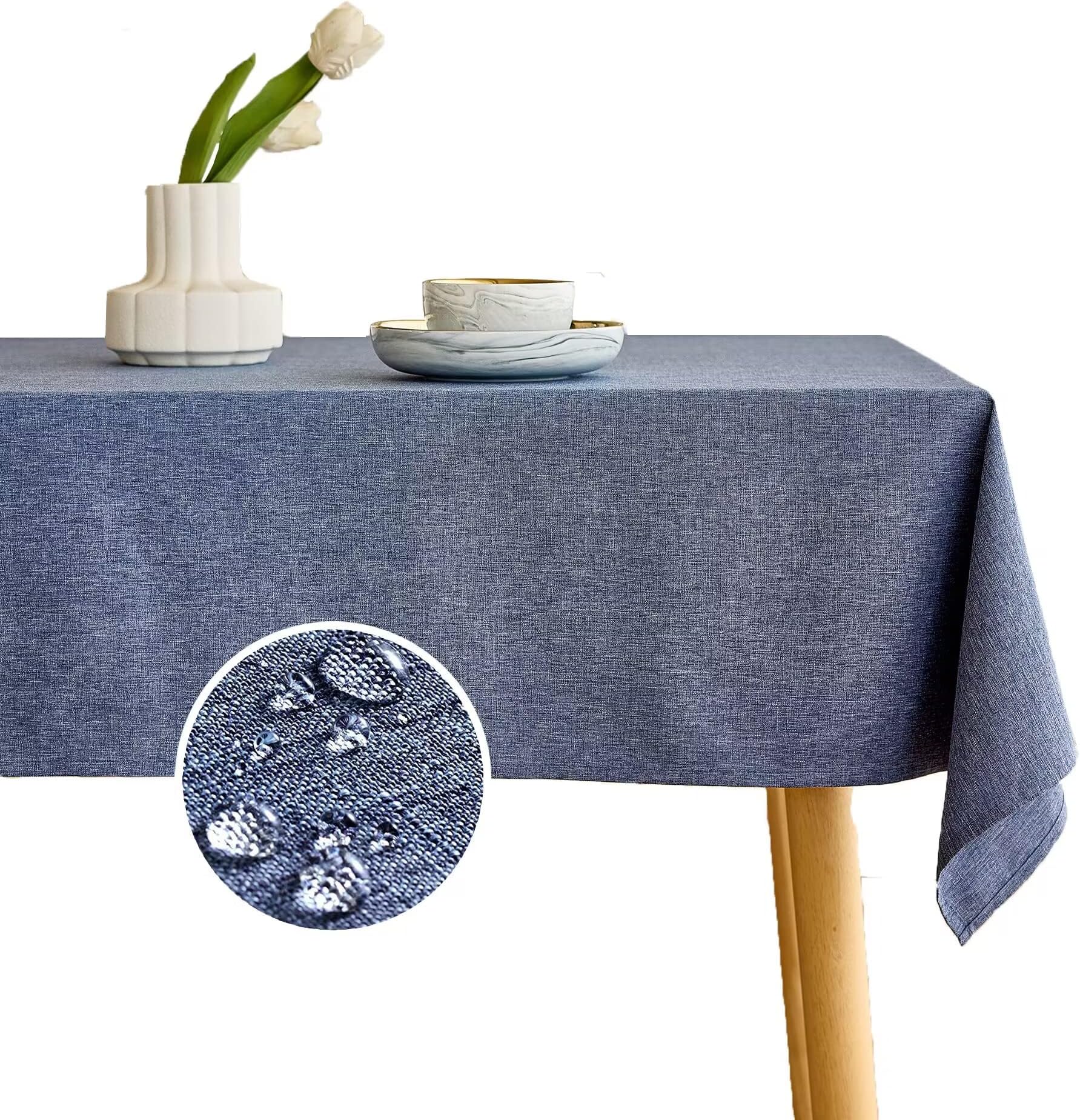 Waterproof Burlap Table Cloth for 10 Ft Rectangle Table, Easy Care Wipe Clean Decorative Fabric Linen Table Cover for Kitchen, Dinging Room(Oblong, 60 x 144 Inch (12-14 Seats), Denim Blue)