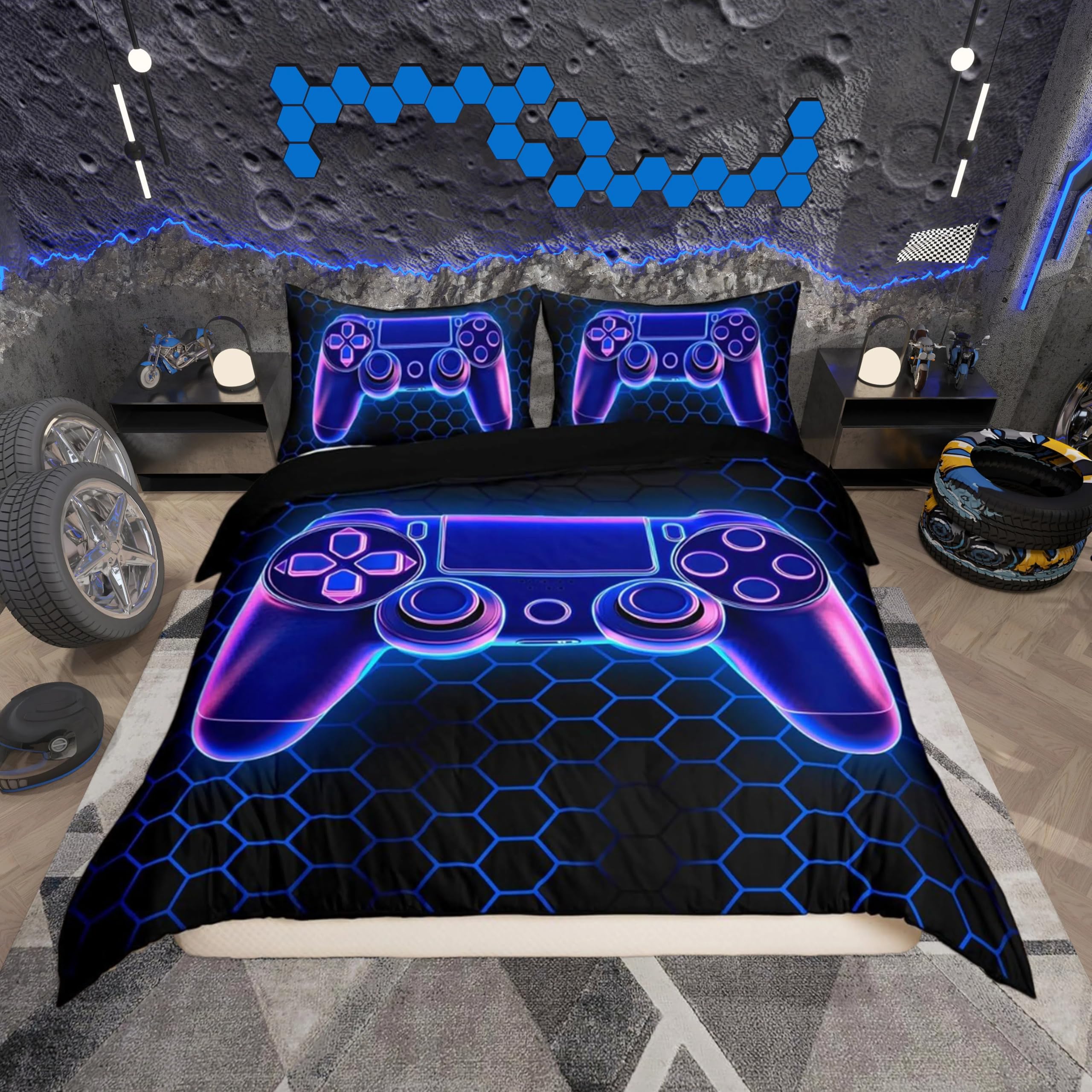 Loussiesd Gamer Honeycomb Duvet Cover Set Double Size For Kids Boys Teens Light Hexagonal Gamepad Bedding Set Gaming Comforter Cover with 2 Pillowcases Geometric Modern Art Beds Set
