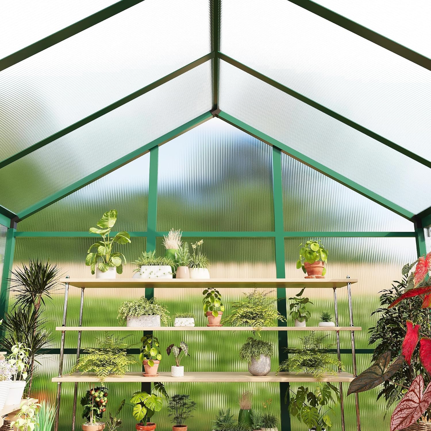 Greenhouse, 6x10 ft Greenhouse for Outdoors, Walk-in Green House with Ground Nails and Vent Windows, Sliding Lockable Door, Polycarbonate Greenhouses for Outside Garden Backyard, Quick Setup, Green