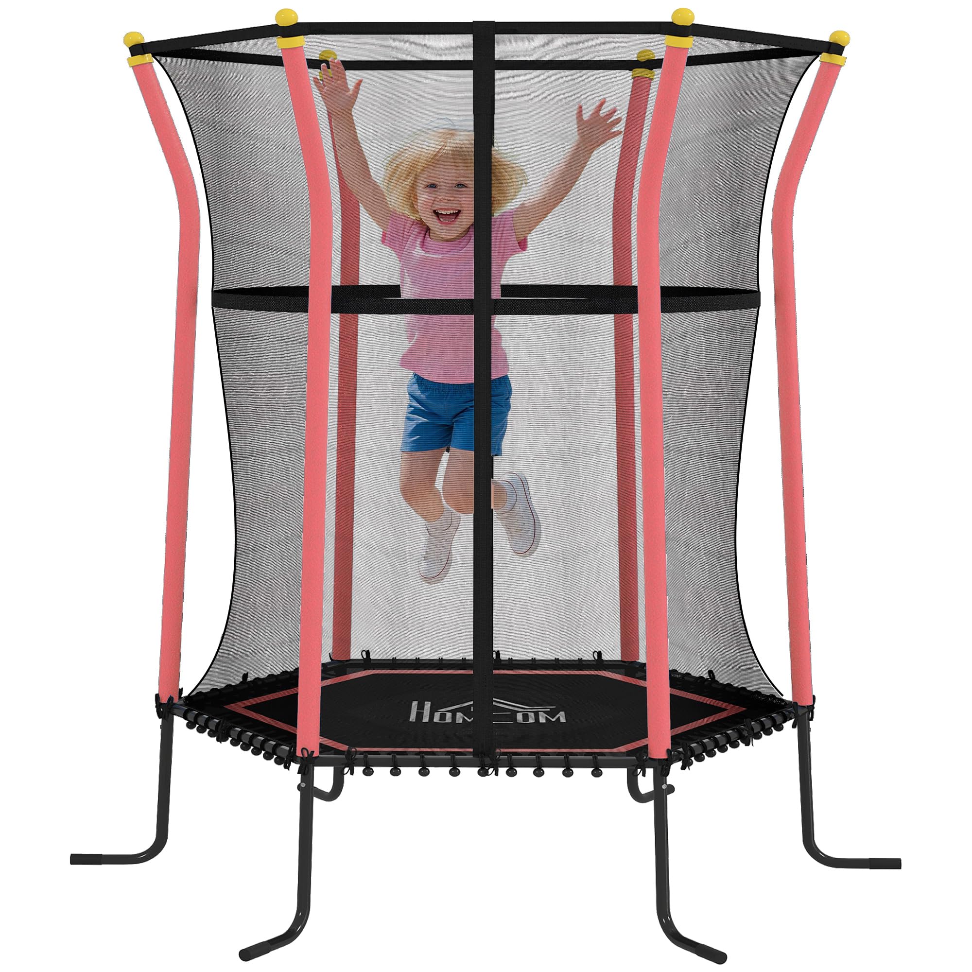 HOMCOM Cama Elástica Infantil de Jardín Ø163,​5x190 cm Trampolín para Niños de +​3 Años con Red de Seguridad y Marco de Acero para Interior Exterior Carga 50 kg Rojo