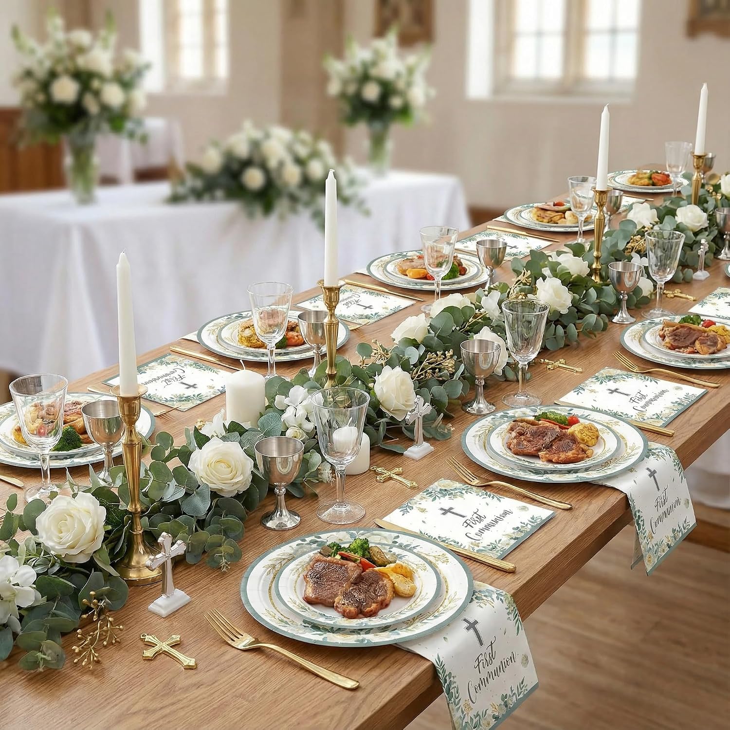 Dereinwo 50 Pcs First Communion Paper Plates and Napkins Disposable Paper Plates for Baptism Party Supplies