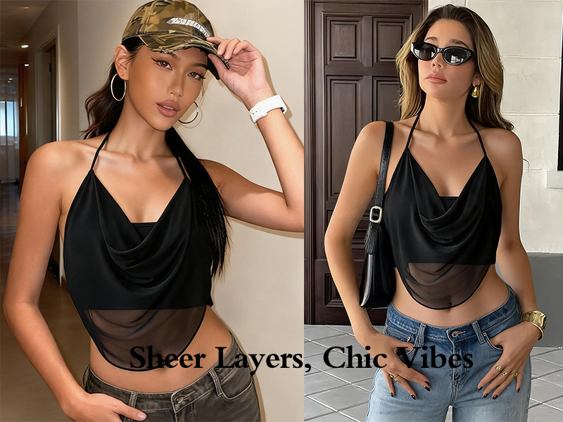 Avidlove Sexy Mesh Cami Halter Cowl Neck Crop Top for Women,Black