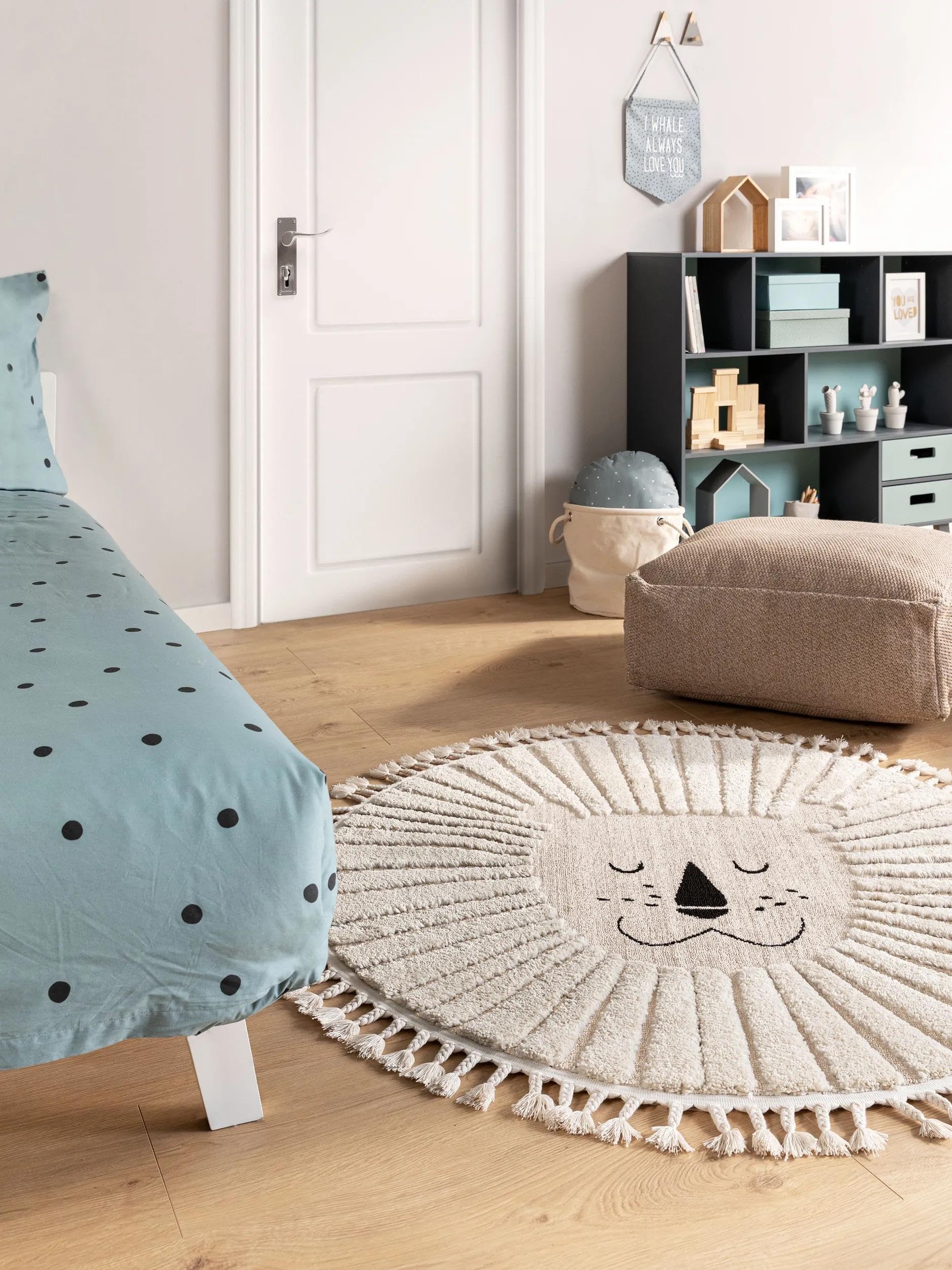 benuta lytte Tapis pour enfant Momo - Fibre synthétique - Rond et style : motifs d'animaux - Facile d'entretien pour chambre d'enfant, crème, Ø 120 cm rond