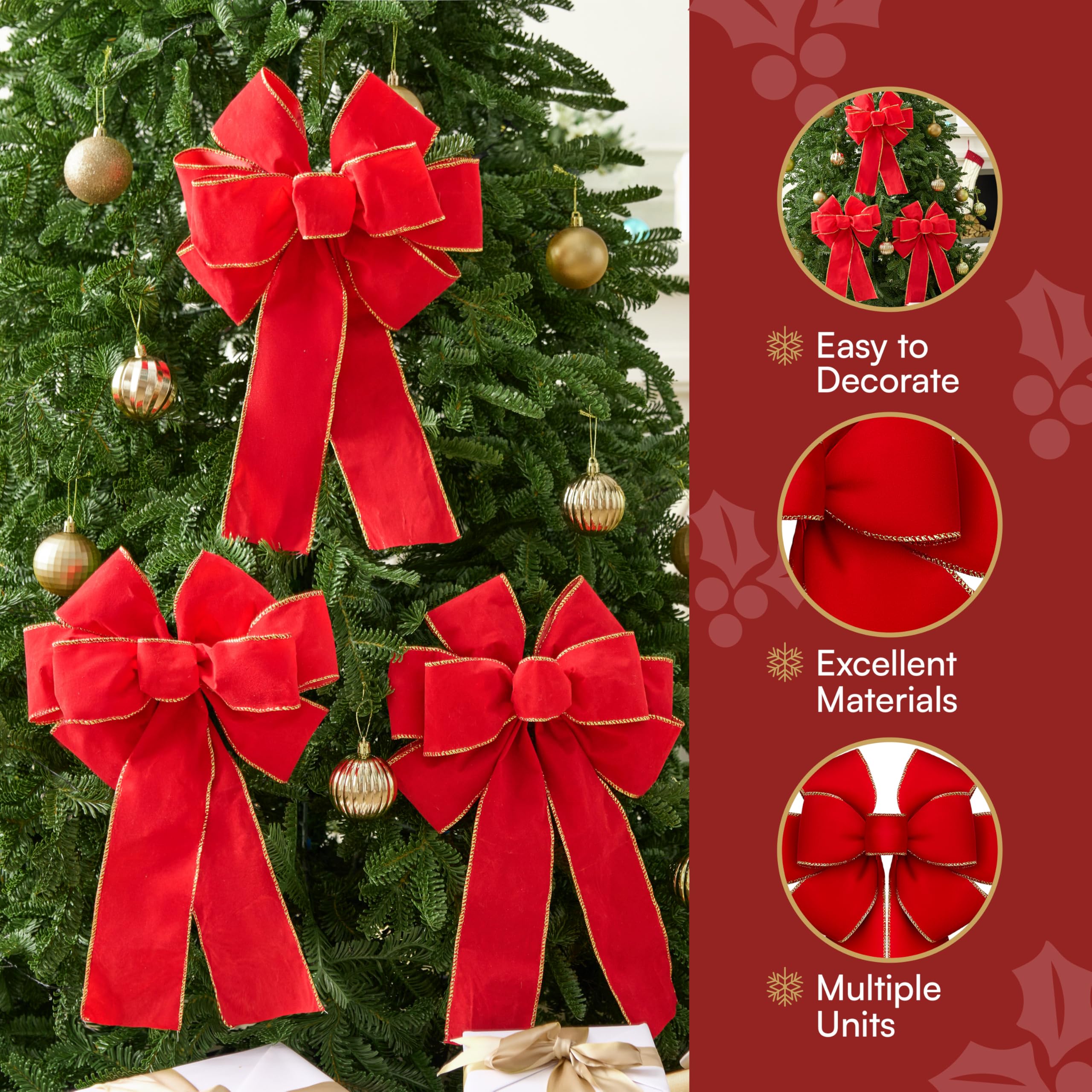 JOYIN 3 fiocchi di velluto rosso 35,6 x 30,5 cm per Natale, grandi fiocchi di Natale rossi per ghirlanda, albero, scatole regalo, decorazioni esterne, fiocchi di velluto per albero di Natale