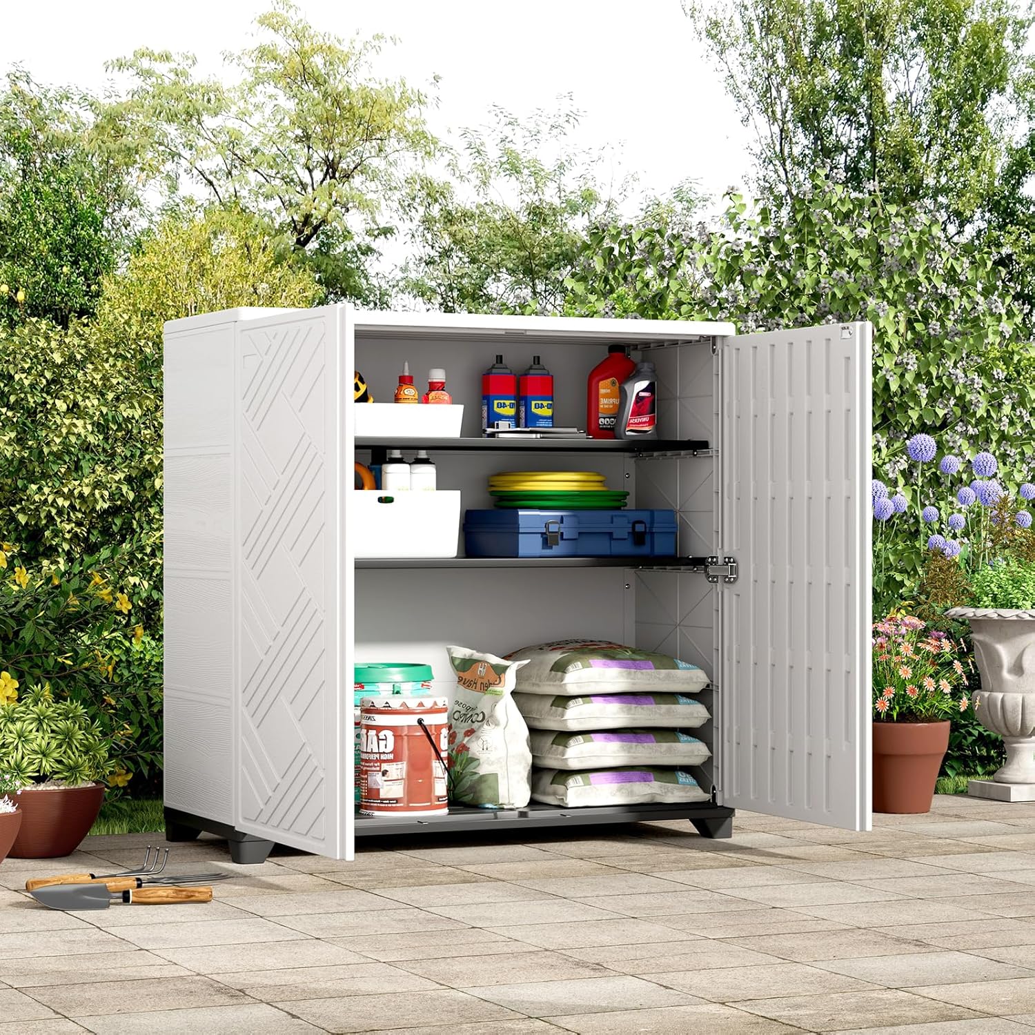 ZZM Indoor/Outdoor Storage Cabinet Waterproof, 34"x15"x34" Plastic Outdoor Storage Box for Garden Balcony Bathroom, All Weather Outdoor Storage Clearance, DIY Usage, with 1 Shelf (White)