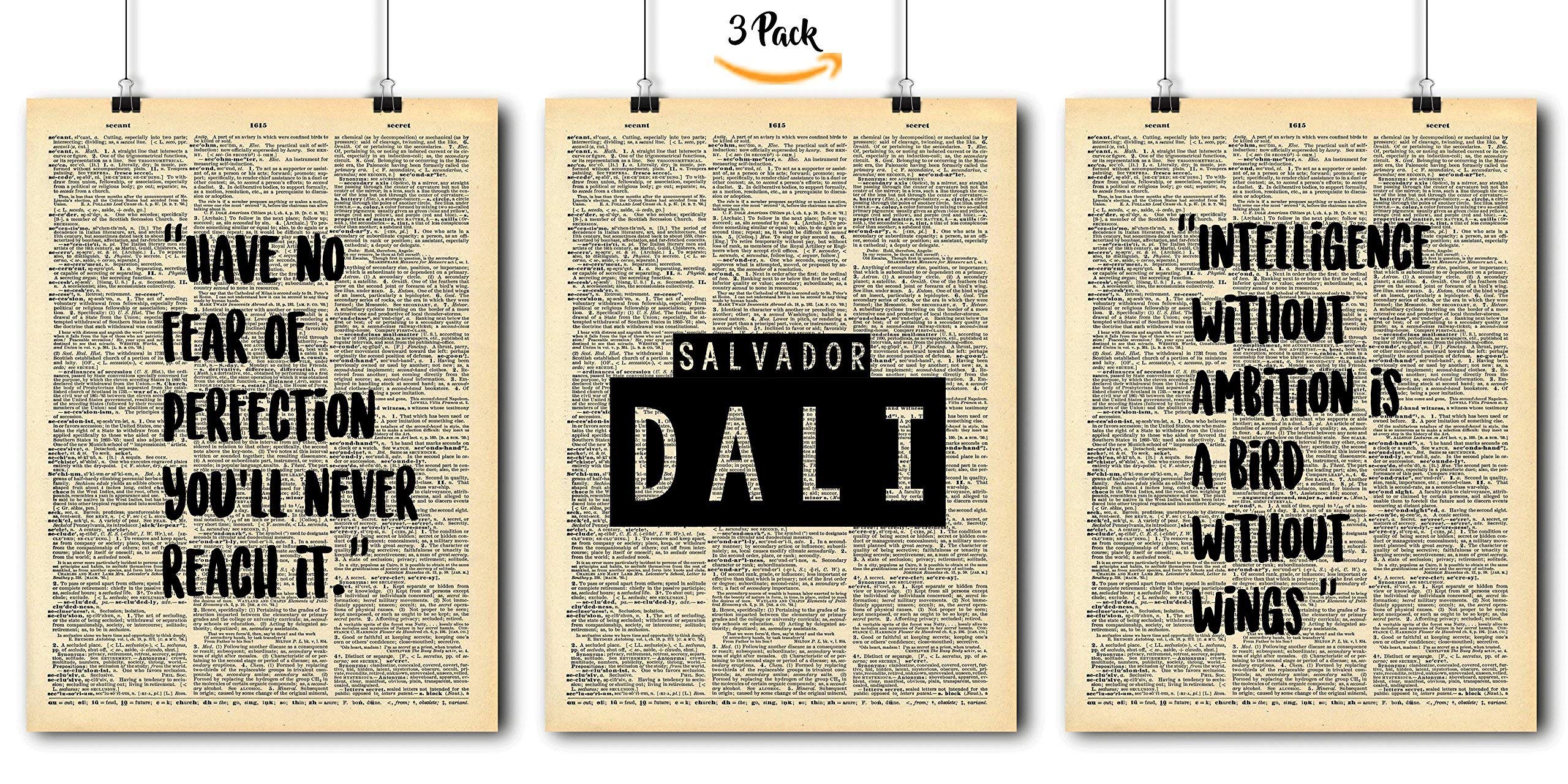 Famous Quotes Art - Salvador Dali - 3 Print Set - Vintage Dictionary Print 8x10 Home Vintage Art Prints Wall Art for Home Decor Wall Decorations For Living Room Bedroom Office Salvador Dali
