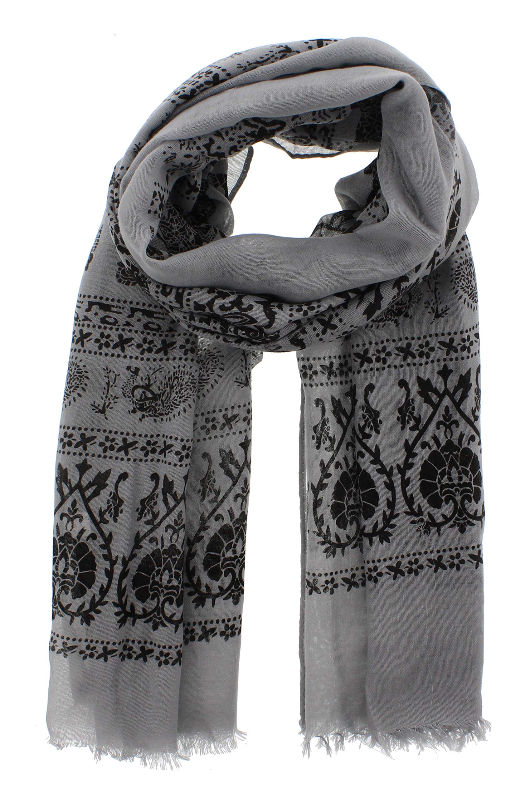 Zac's Alter Ego Women's Light Grey Long Lightweight Elephant & Paisley Print Scarf