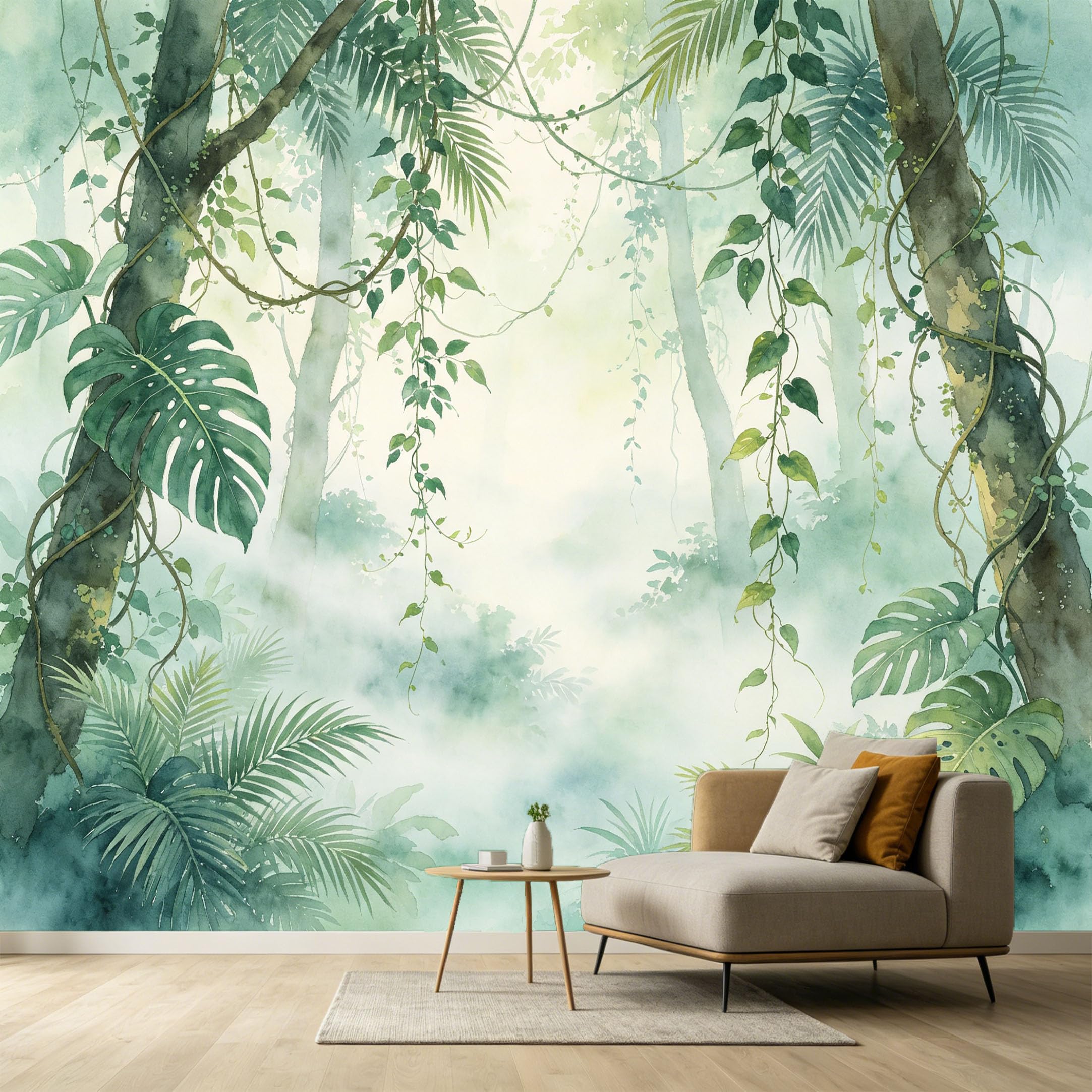 Custom Size Wall Murals Tropical Botanical Watercolor Misty Forest Vines Monstera Leaves SelfAdhesive Wall Fabric Removable Large Wallpaper for Photo Living Room