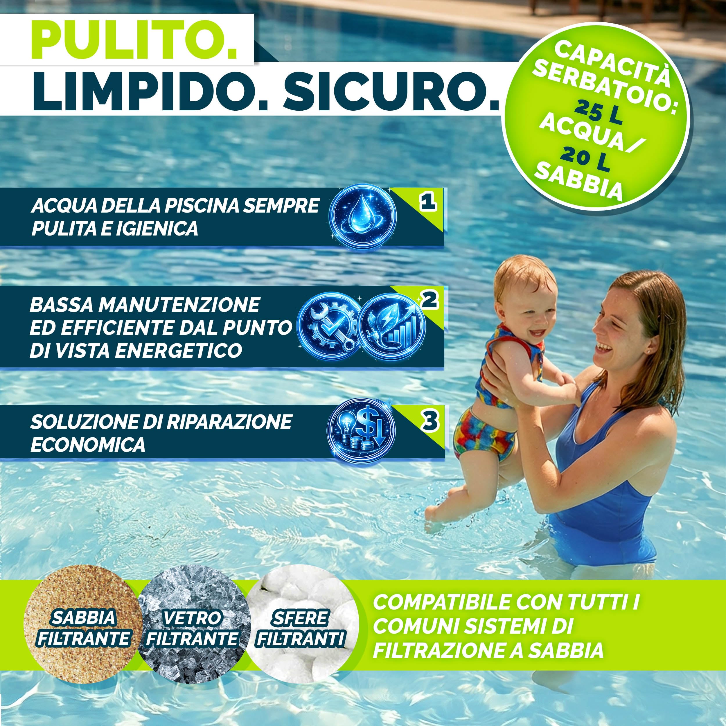 tillvex® Filtro a Sabbia Piscina Senza Pompa + Palline filtranti Fino a 35 m³ (35.000 L) | Serbatoio Filtro incl. Adattatore Ø32-38mm | Valvola 7 Vie, manometro & Tubo aspirazione