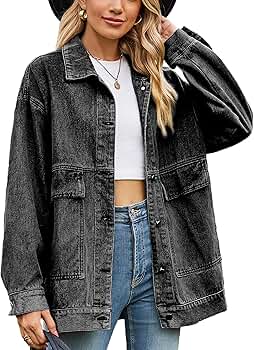 HangNiFang Oversized Black Denim Jacket for Women Boyfriend Mid HangNiFang Oversized Black Denim Jacket for Women Boyfriend Mid