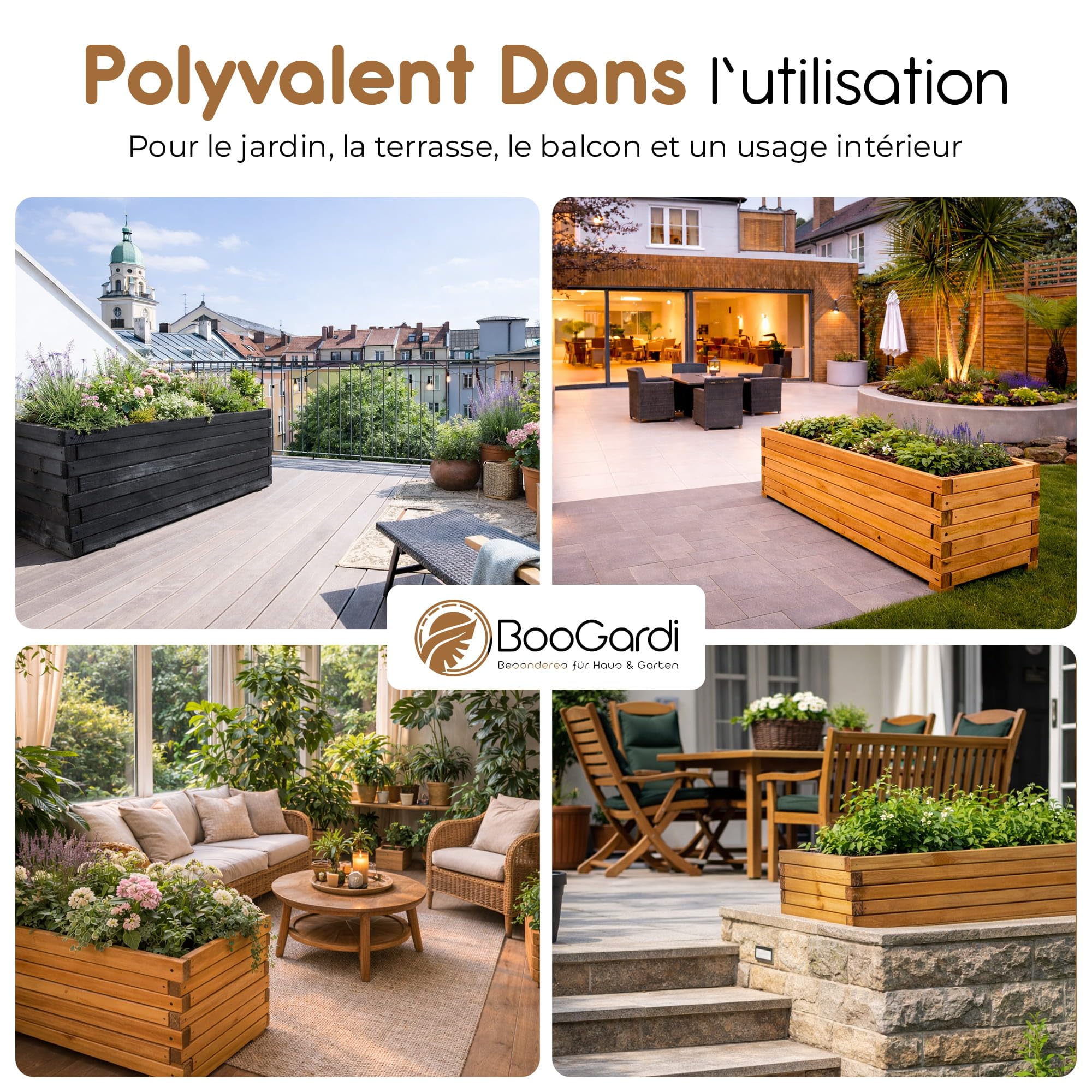 BooGardi Bac à Fleurs rectangulaire Grand Format intérieur/extérieur avec Feutre géotextile, 10 Tailles, Longueur 120 cm, Brun Naturel, jardinière en Bois pour Jardin, Balcon, terrasse, XXL
