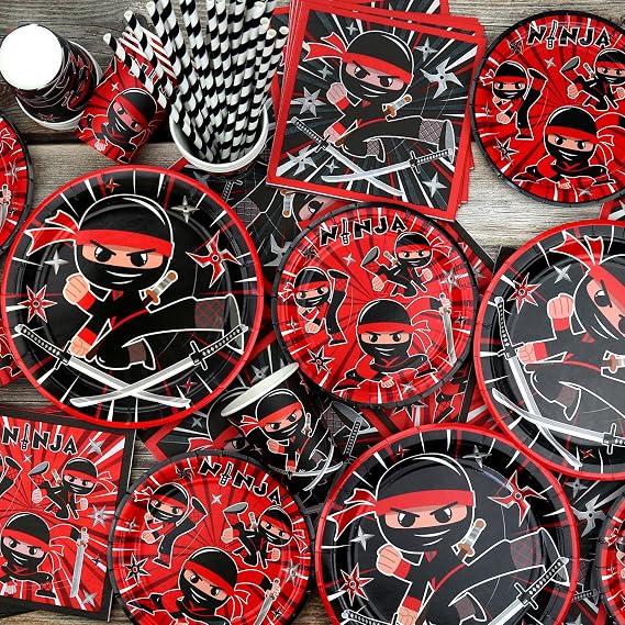 Ninja Birthday Party Decoration - Include Pattern Banner, Tablecloth, Plates, Napkins, Tableware, Karate Party Ninja Warrior Master Party Supplies for Boys Girls Baby Shower, Serves 20