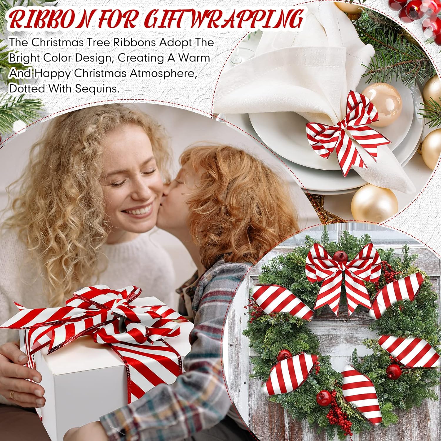 Hanaive 2 Rolls Ribbons for Christmas Tree Wired Ribbon Satin Stripes Edge Wrapping for Crafts DIY Gift Party Garden Home Garland Bows Ornament Decor(2.5 Inch x 10 Yards,Red White)