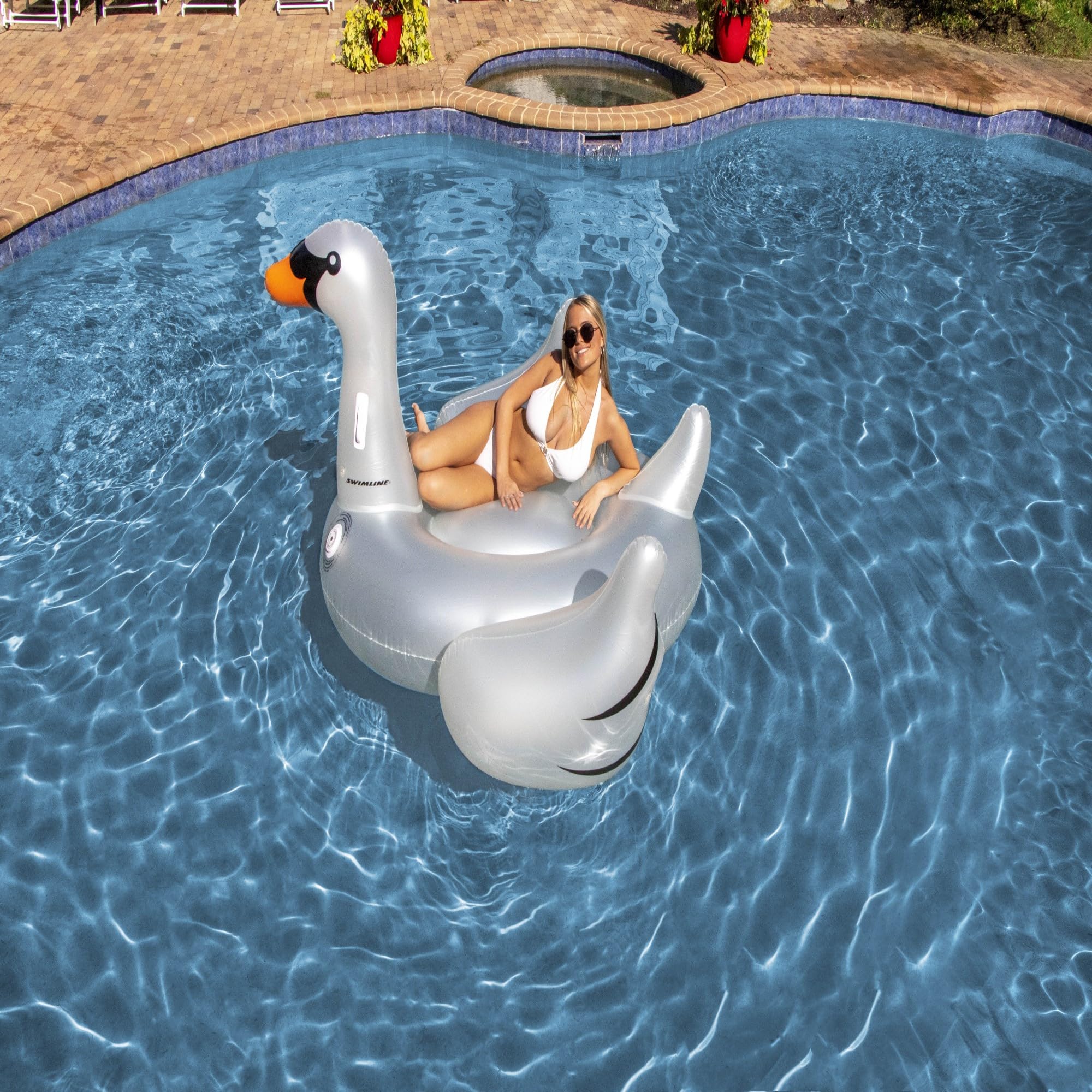 Inflatable LED Lighted Color Changing Swimming Pool Ride-On Swan Float Lounger - 75