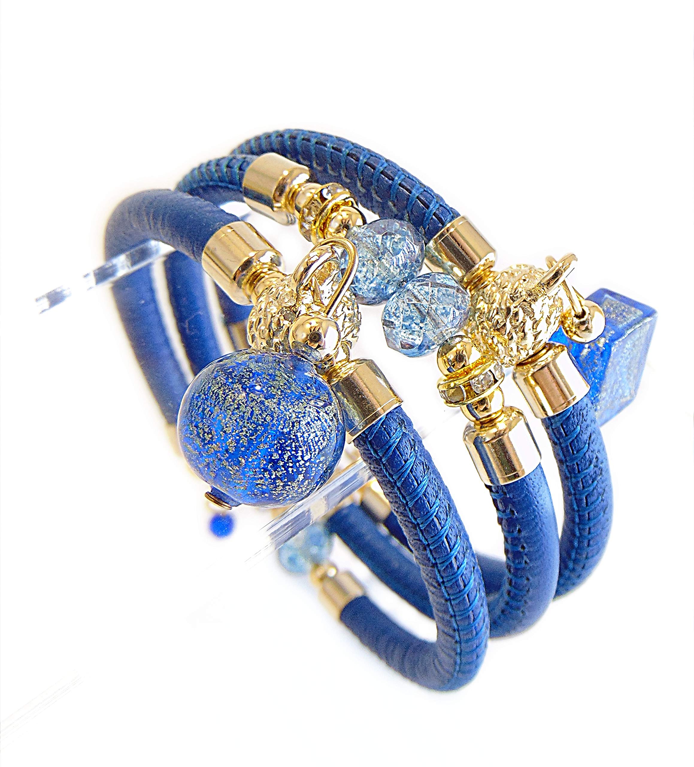 Bracciale da Donna con perle in Vetro di Murano Originale e vera pelle Toscana a tre giri blu, con foglia in oro 24kt e argento, Made in Italy certificato