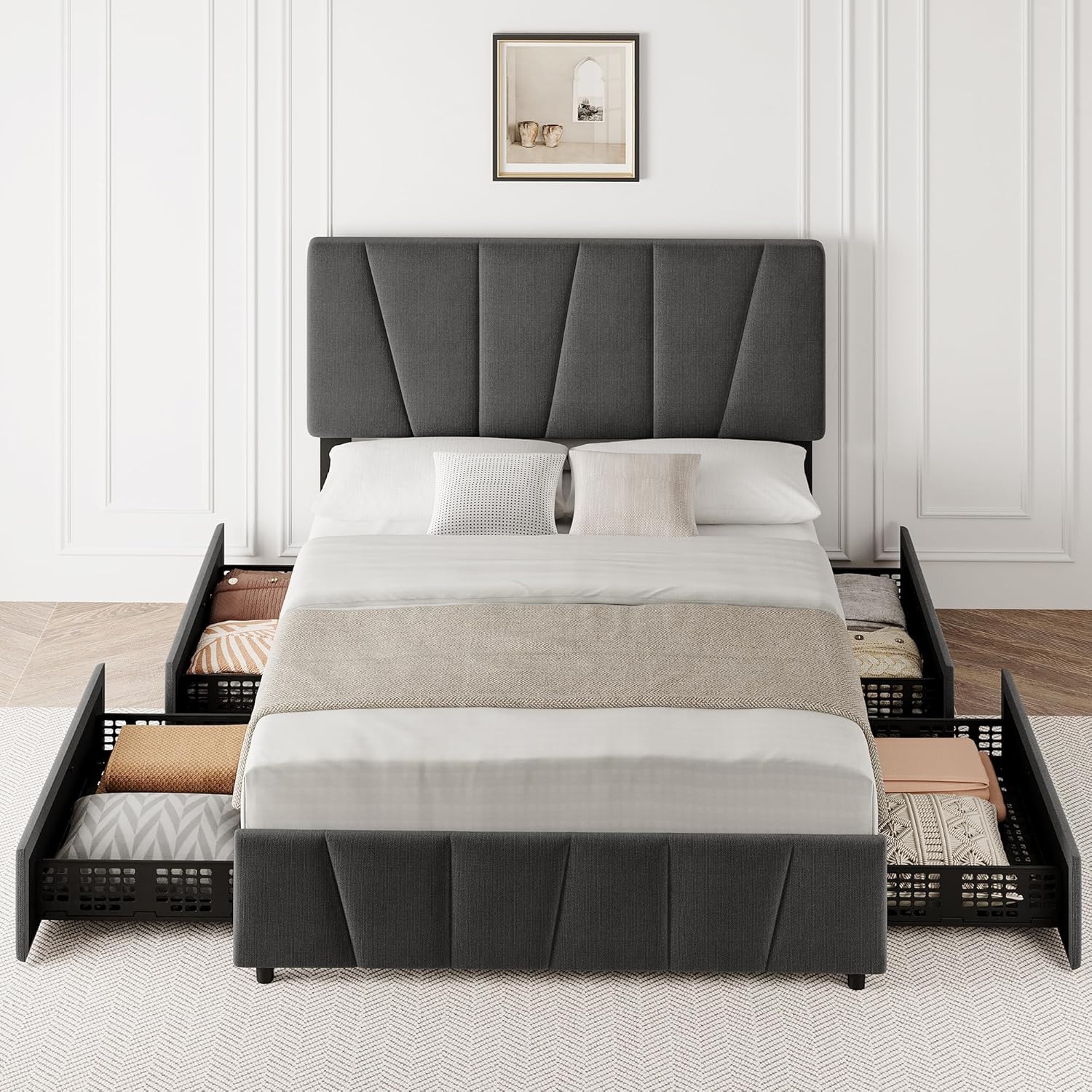 GarveeHome Queen Size Bed Frame with Adjustable Headboard & 4 Storage Drawers, Upholstered Platform Bed Frames with Wooden Slats Support, No Box Spring Needed, Noise Free, Heavy Duty, Easy Assembly