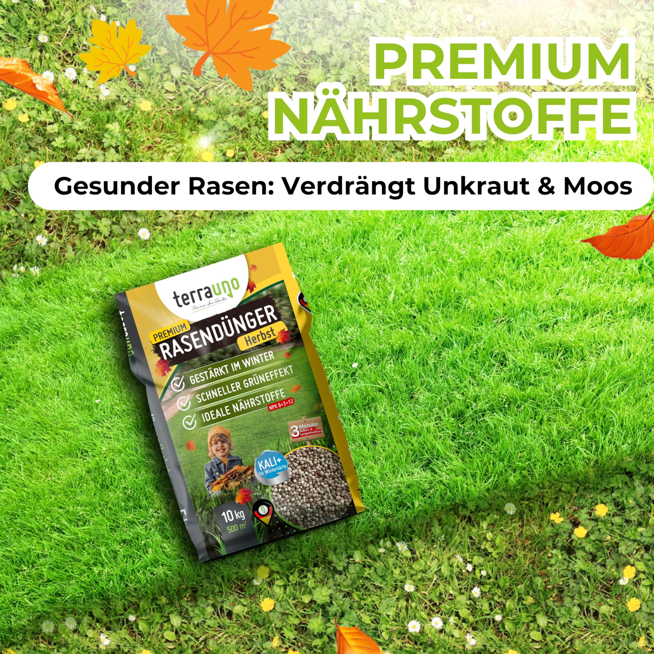 TerraUno Premium Herbstdünger Rasen, gesunder Rasen verdrängt Moos & Unkraut, Rasendünger Herbst mit 60 Tage Langzeitwirkung, 20 kg für 1000 m², Herbstrasendünger, Sofortwirkung, extra starkes Grün