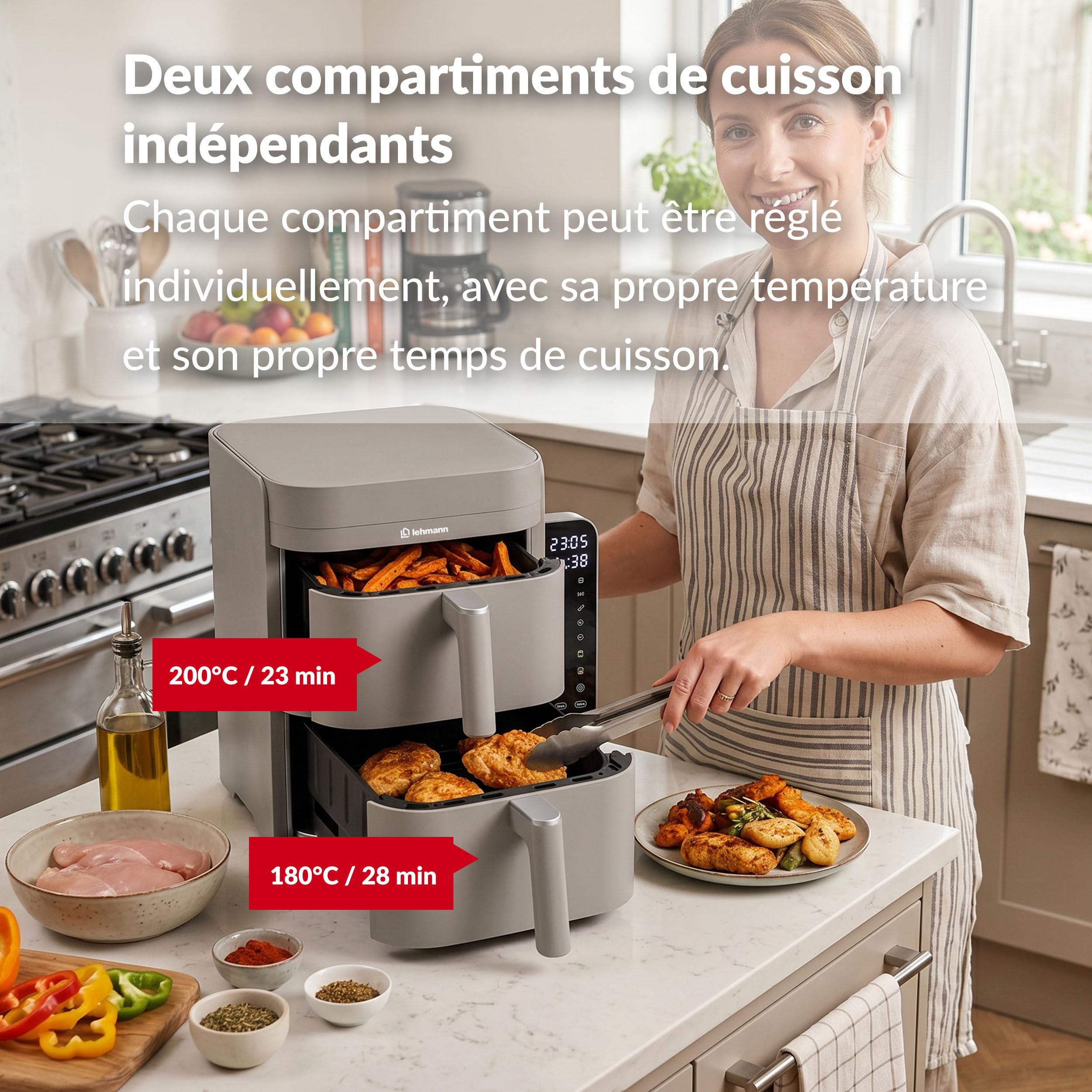 LEHMANN Double Zone Air Fryer XXL 12L, Friteuse sans Huile Verticale à Double Tiroir, 10 Programmes, 40-230°C, Écran Tactile, Revêtement Antiadhésif, pour Grande Famille 2800 W
