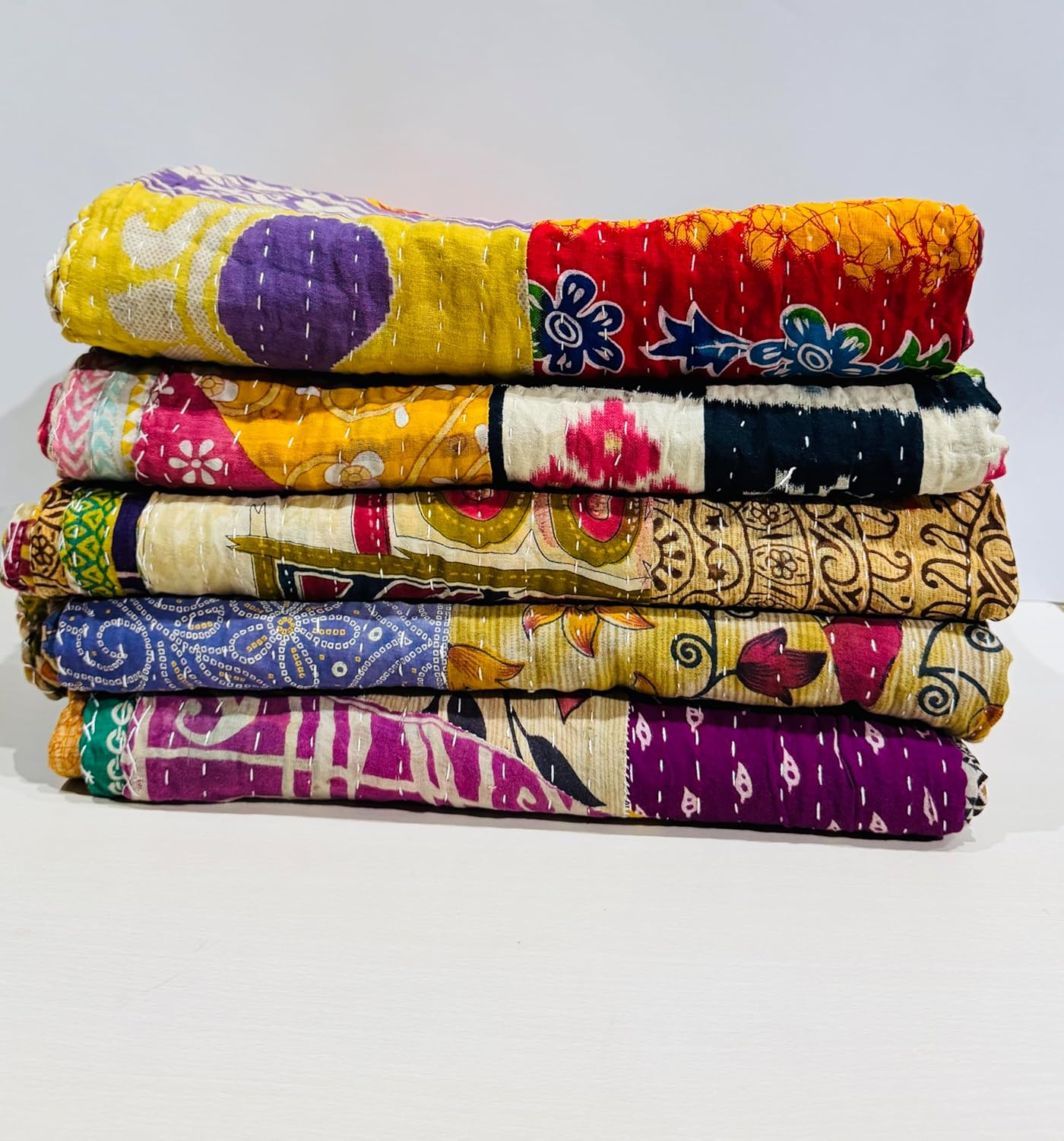 Mycrafts Vintage Indian Kantha Quilt 90x60 - Handmade 100% Cotton Reversible Bohemian Bedspread Throw Blanket