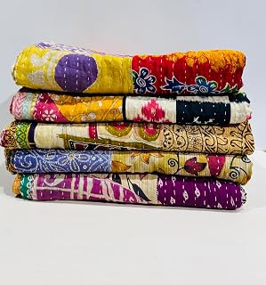 Mycrafts Vintage Indian Kantha Quilt 90x60 - Handmade 100% Cotton Reversible Bohemian Bedspread Throw Blanket