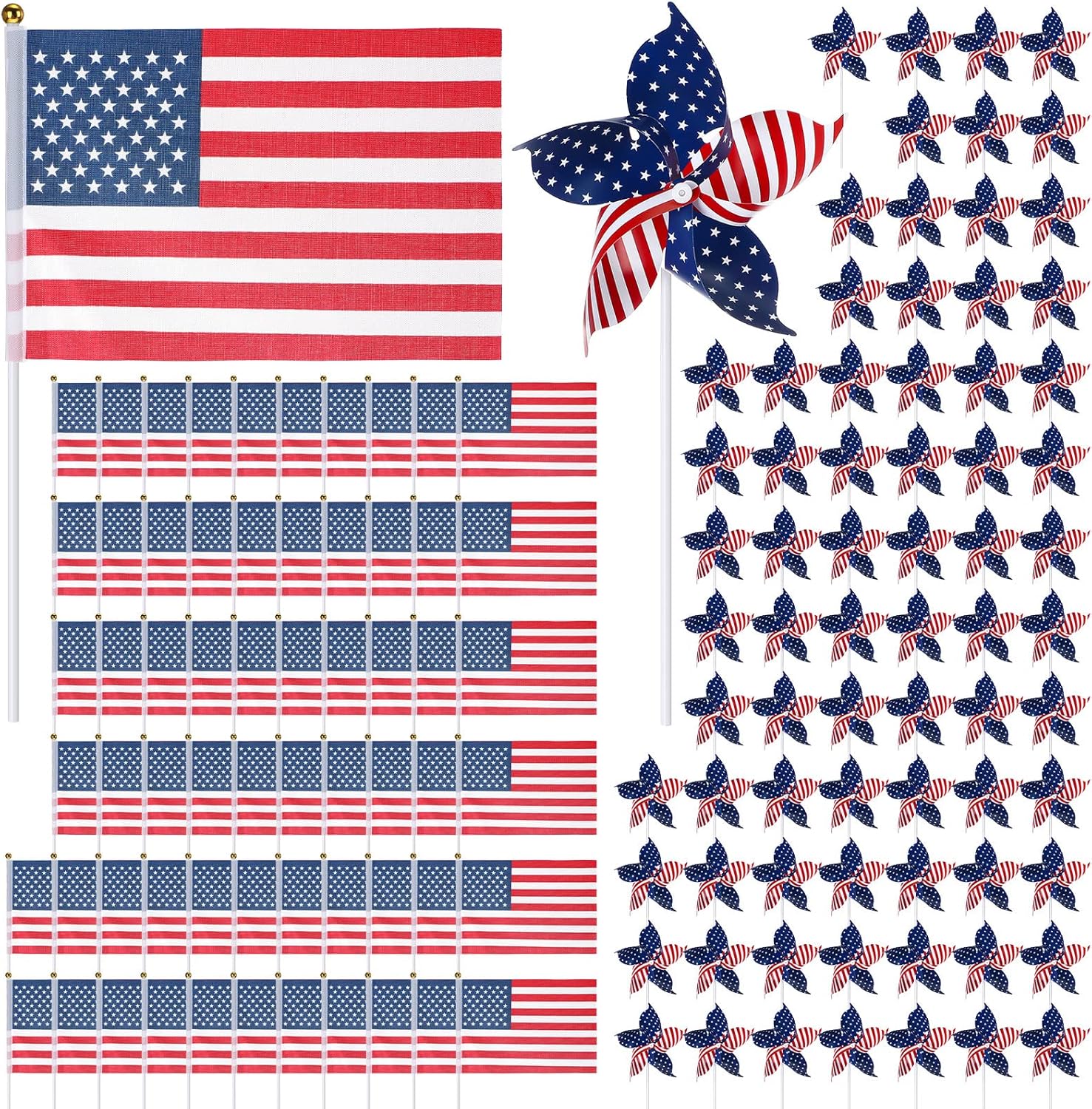120 Pcs 4th of July Decorations Include 60 Patriotic Pinwheels 60 Small American Flags on Stick, Red White and Blue Pinwheel Windmill for Memorial Day Independence Day Parade Yard Decor Garden Outdoor