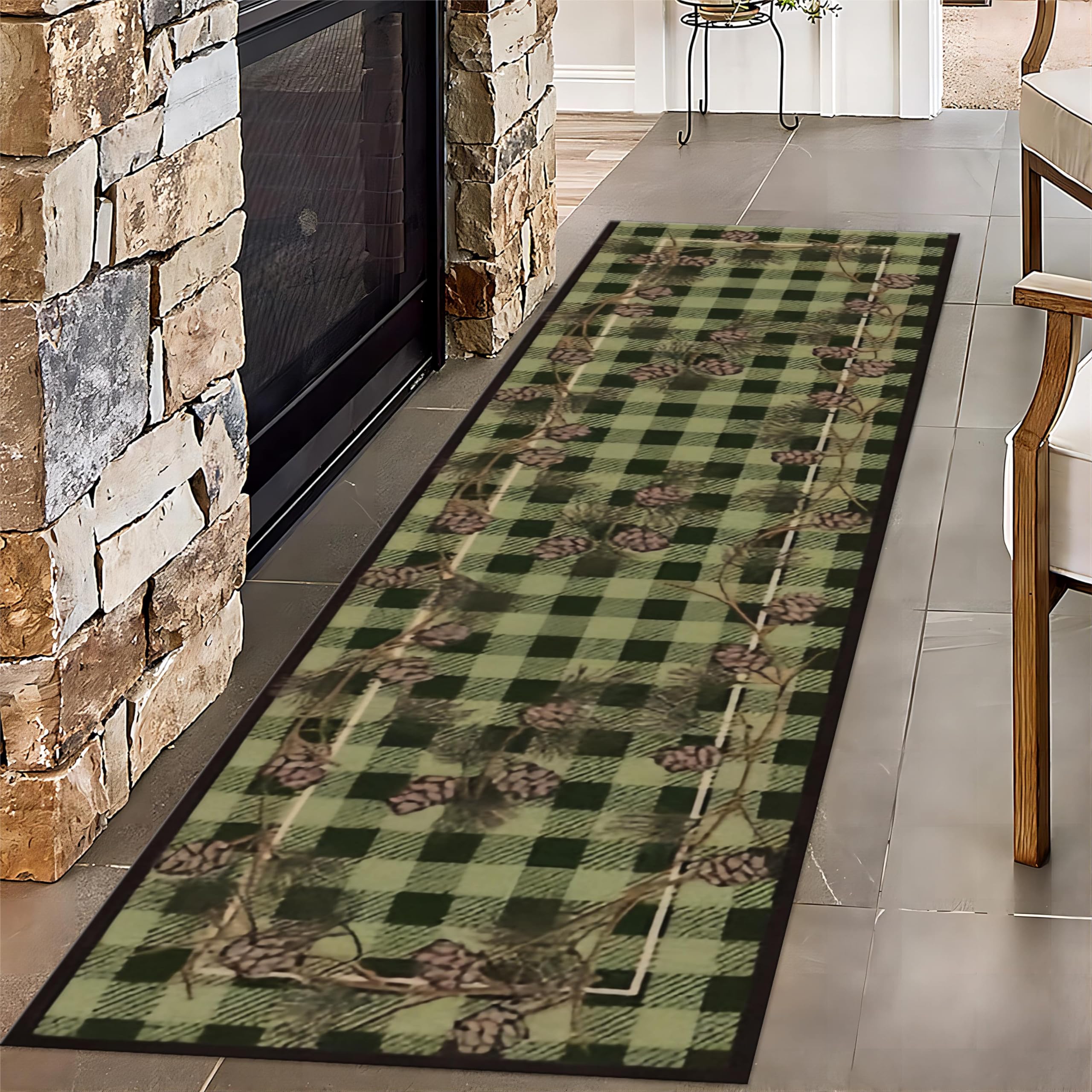 MUOUCTE Pine Cone Country Woodland Runner Rug for Entryway, 2x6ft, Retro Green Black Checkered Cabin Lodge Entrance Rug, Non-Shedding Easy Clean Floor
