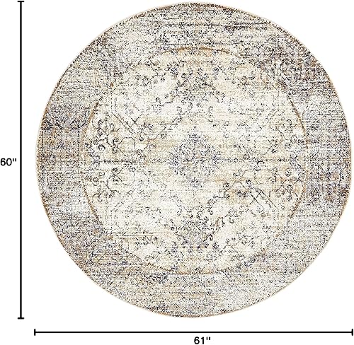 Miniatura 2 de Unique Loom Augustus Collection - Alfombra bohemia tradicional, geométrica, vintage, 5 pies 0 pulgadas x 5 pies 0 pulgadas, marfilazul