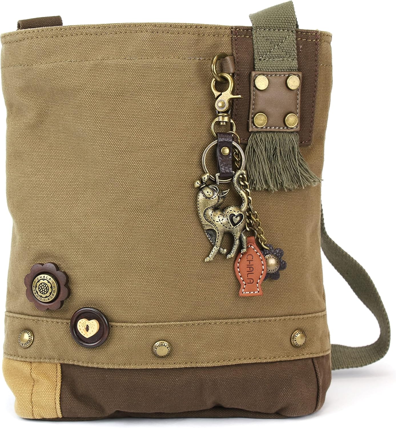 CHALA Patch Cross-Body Women Handbag, Canvas Messenger Bag, Metal Charming Slim Cat - Olive