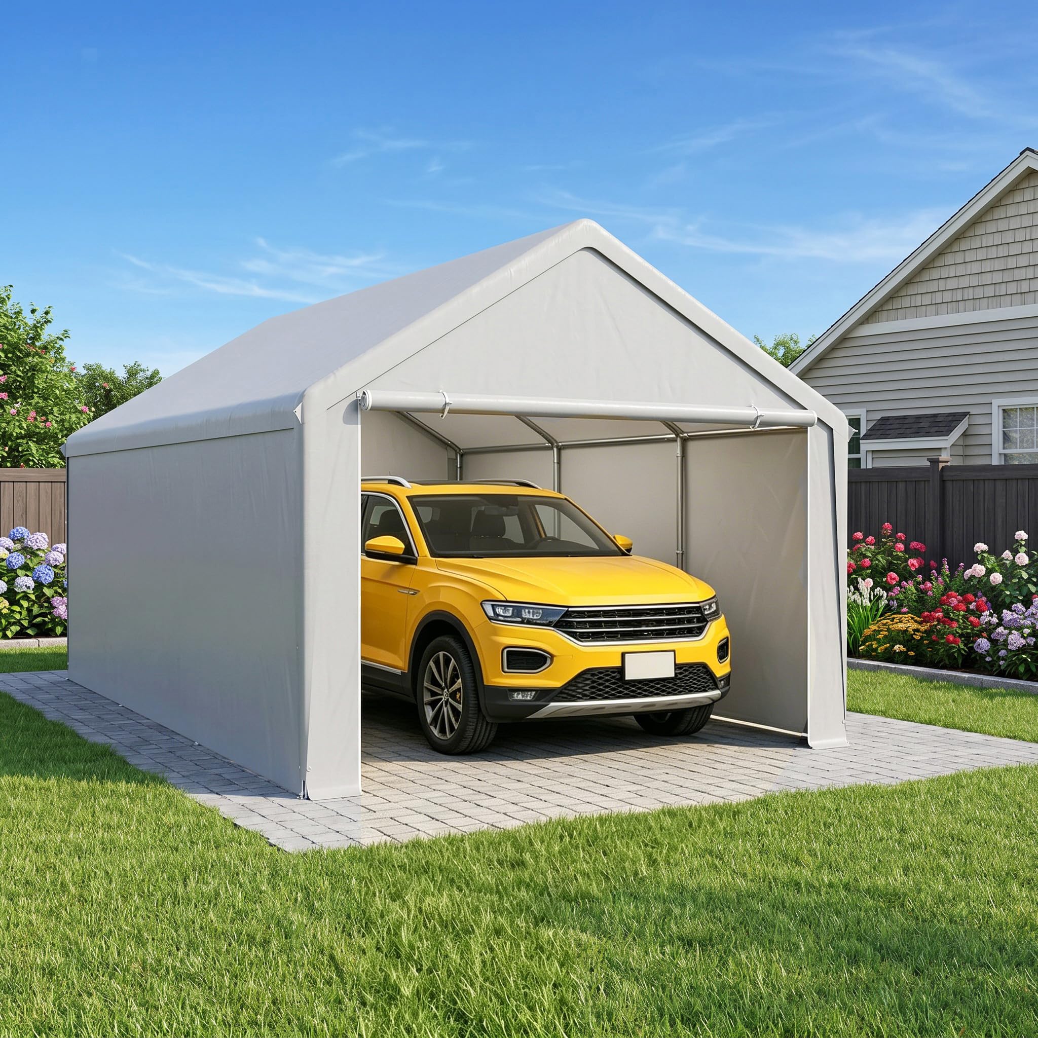 XMTECH Tente de garage, abri de voiture, 4 x 6 m, résistante aux UV et au soleil, avec portes, tente de pâturage, tente de stockage, abri de voiture, pour SUV, bateau, camion, cargaison, événements en