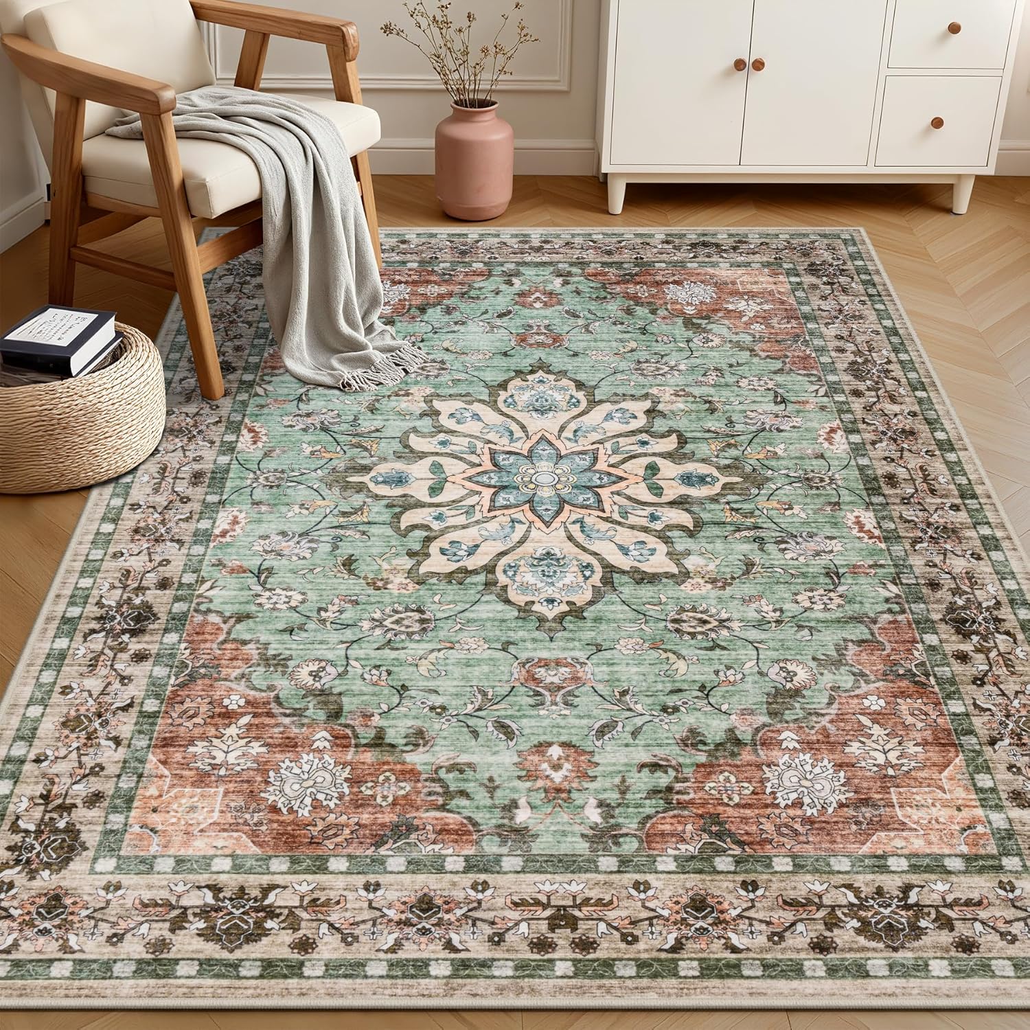 5x7 Area Rugs Living Room Rug: Washable Vintage Distressed Floral Rug No Slip Stain Resistant Soft Carpet Indoor Large Carpets for Bedroom Dining Room Farmhouse Nursery Hallway Home Office Brown Green - Image 3