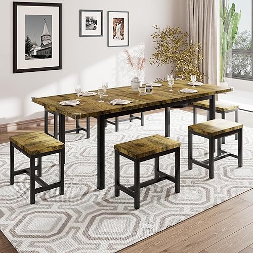 Miniatura 2 de iPormis Juego de mesa de comedor de 7 piezas con 6 taburetes, juego de mesa de cocina extensible de 63 pulgadas para 4-8 personas, mesa de comedor