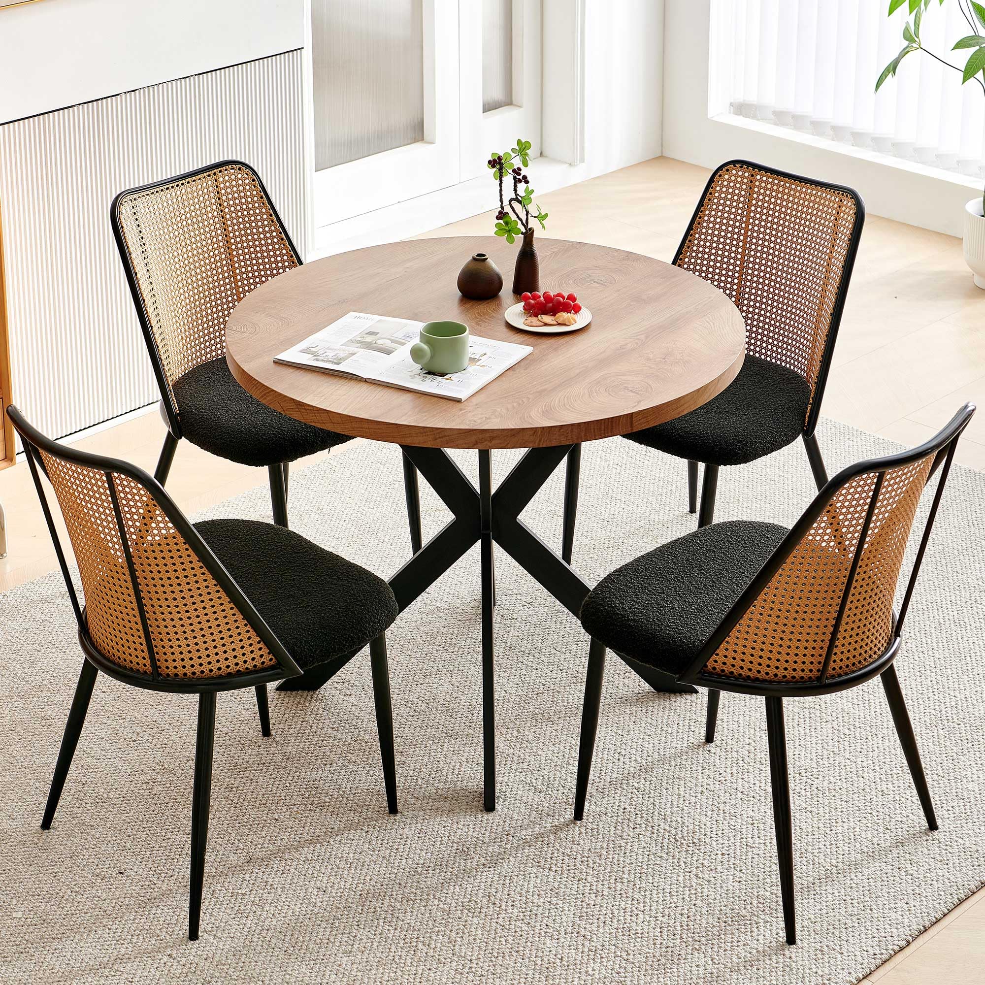 NORDICANA Dining Table Set for 4, Wooden Round Table and Wicker Chairs, 5-Piece Modern Kitchen Dinette Set for Breakfast Nook, Black Boucle Seat