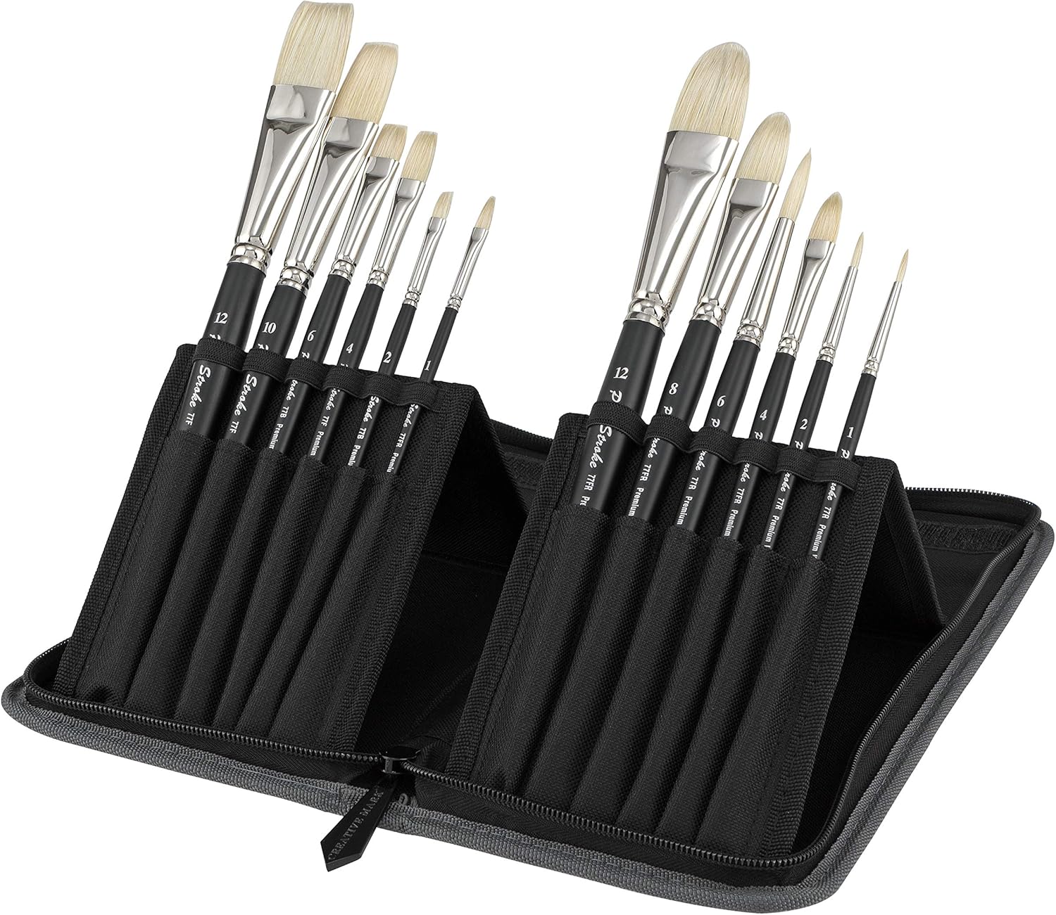 Creative Mark Pro Stroke White Bristle Paint Brush Artist Set with Zippered Black Travel Organizer Case for Oil Gouache Acrylics and Watercolor Paints, 12 Pieces, Pack of 1